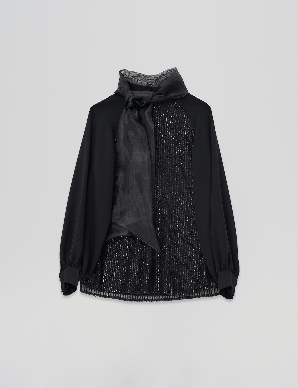 Organza Shawl Collar Blouse Black