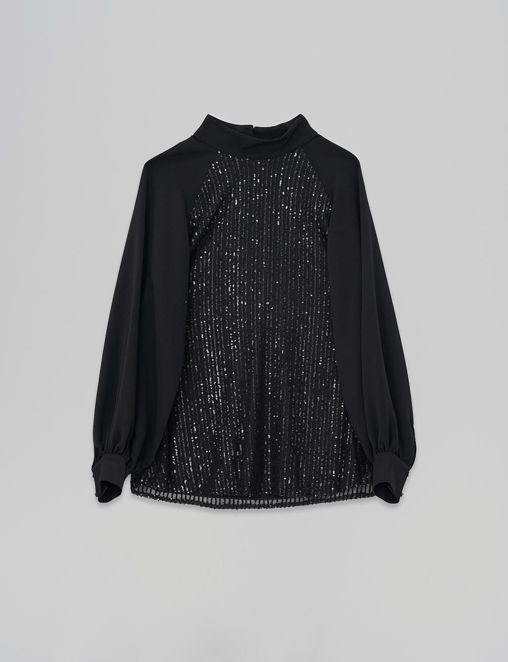 Organza Shawl Collar Blouse Black