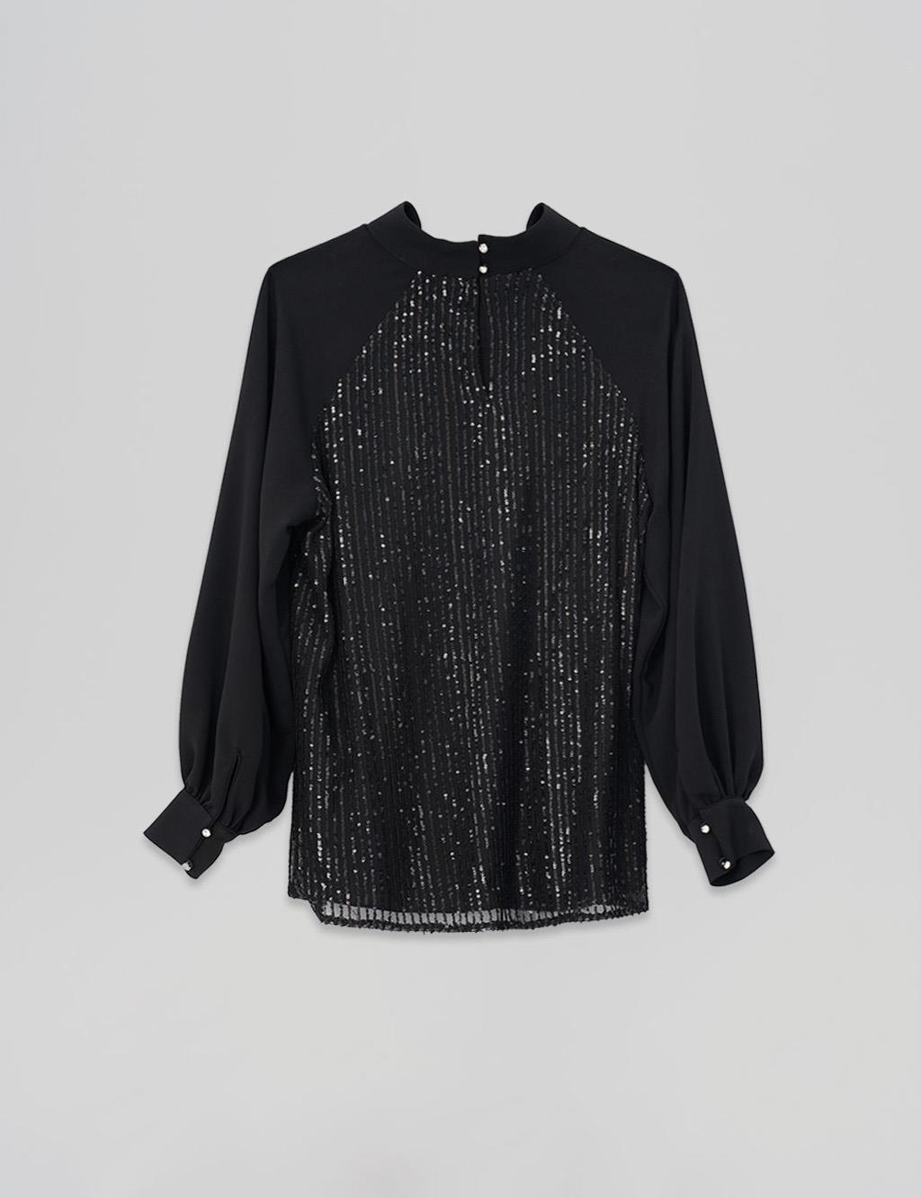 Organza Shawl Collar Blouse Black