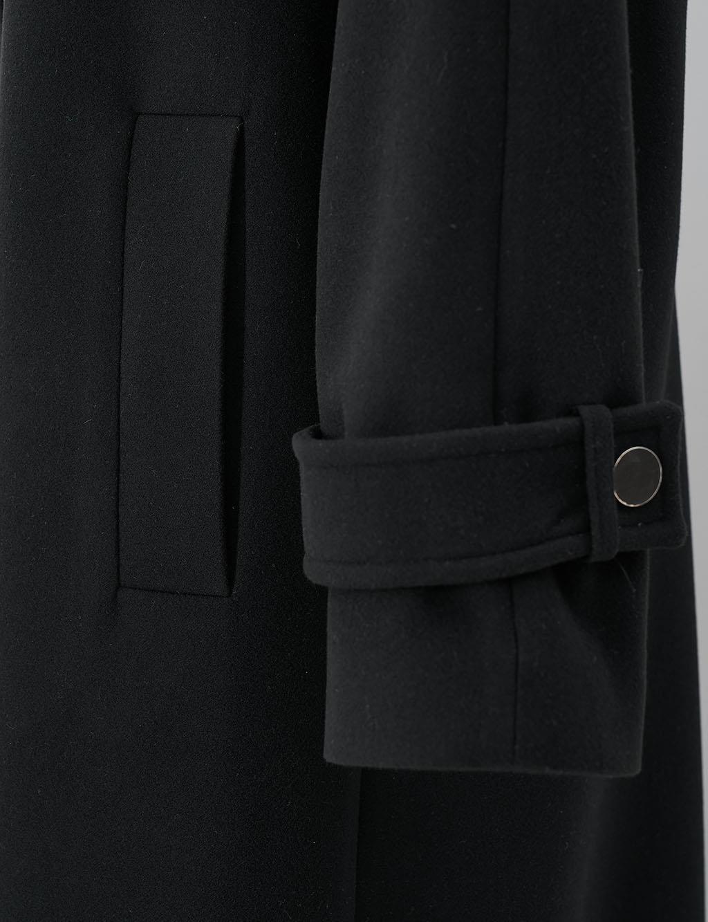 Cuffed Sleeve Epaulet Hooded Wool Coat in Black