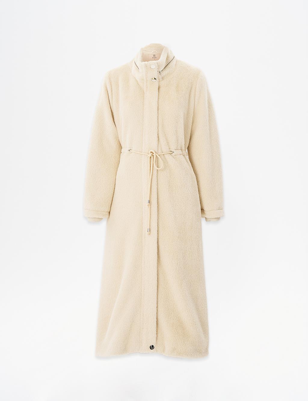 Belted Stand-Up Collar Coat in Camel