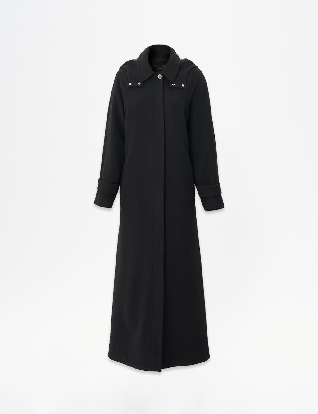 Cuffed Sleeve Epaulet Hooded Wool Coat in Black