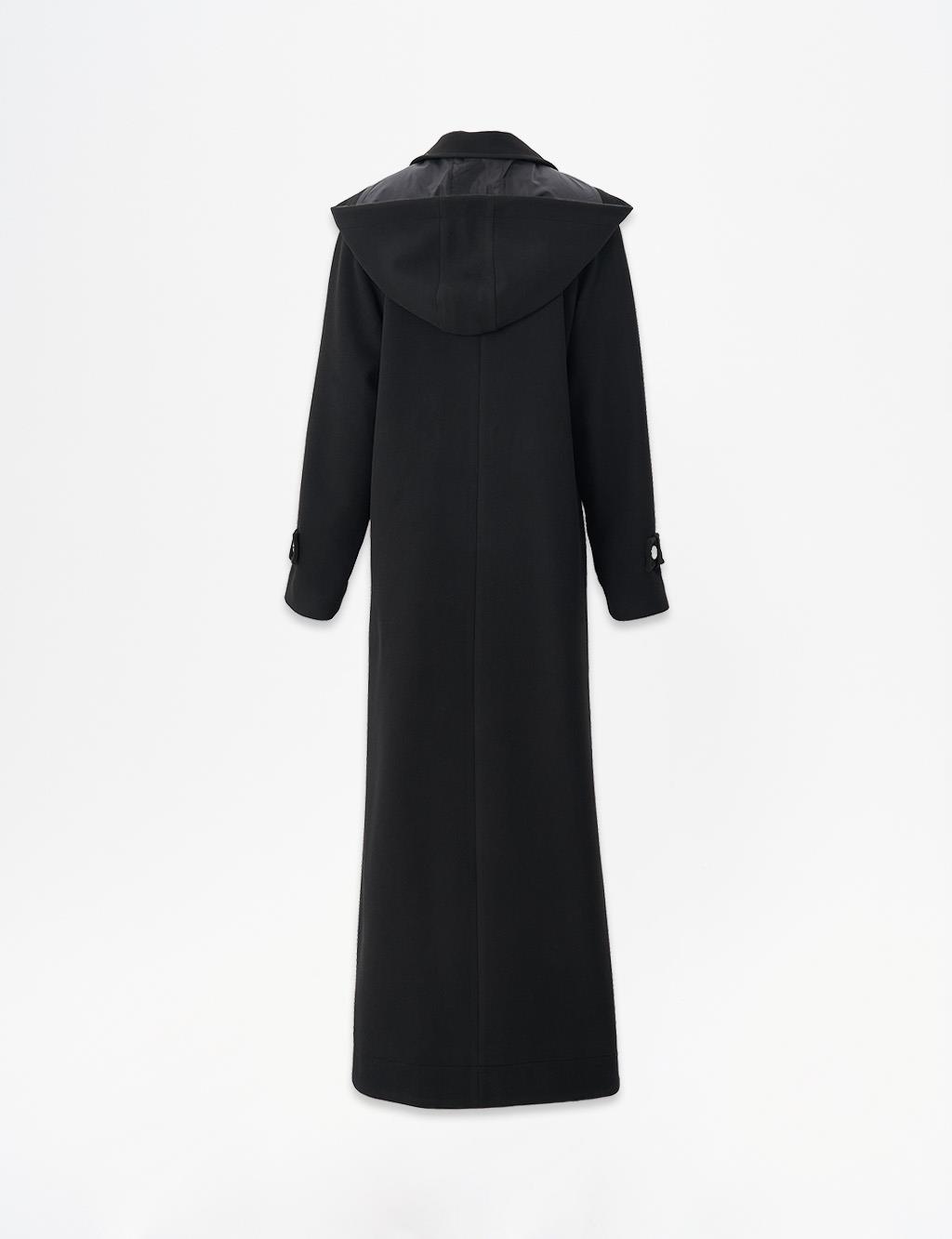 Cuffed Sleeve Epaulet Hooded Wool Coat in Black