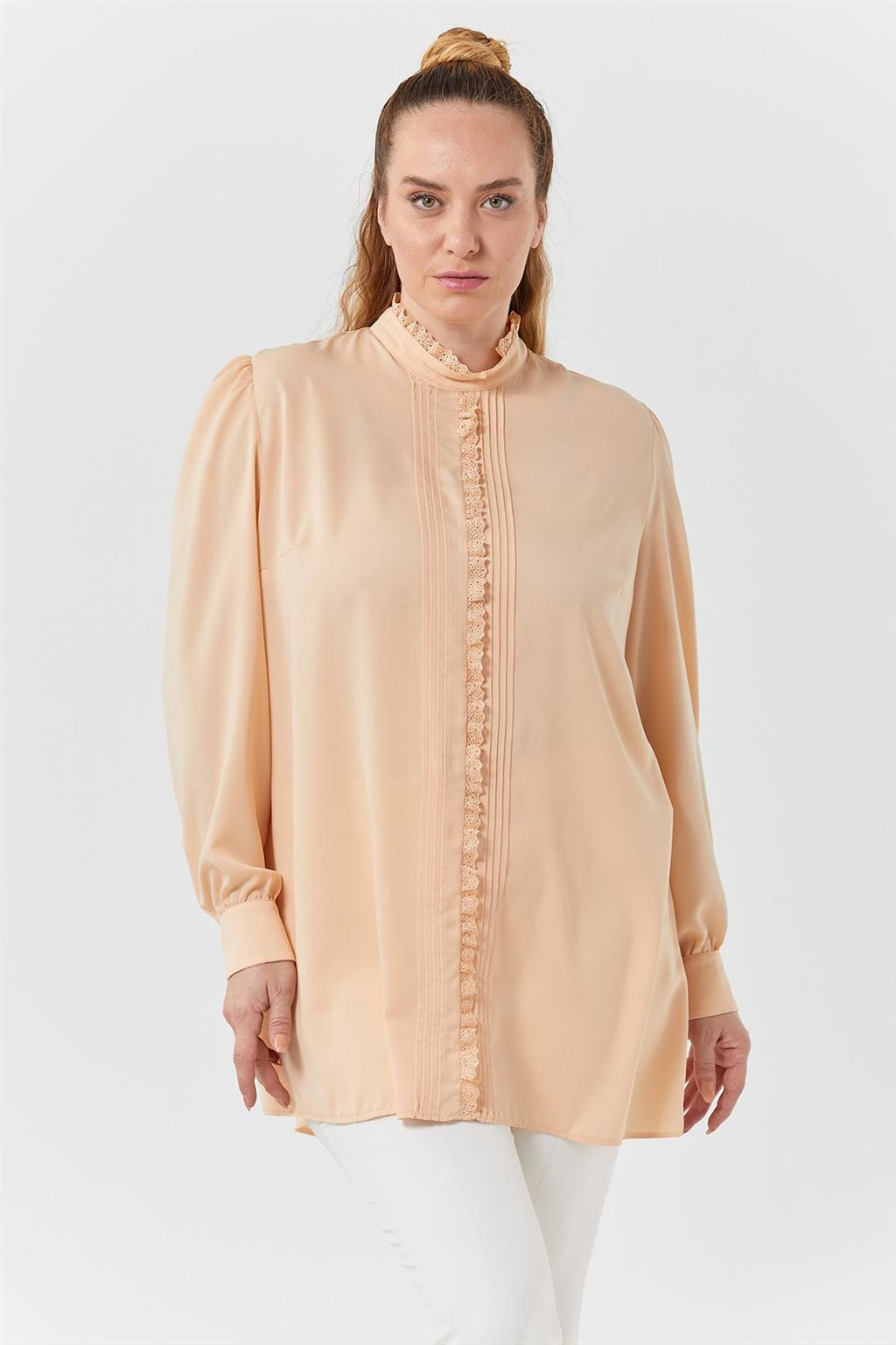 Ribbed Guipure Striped Blouse Salmon