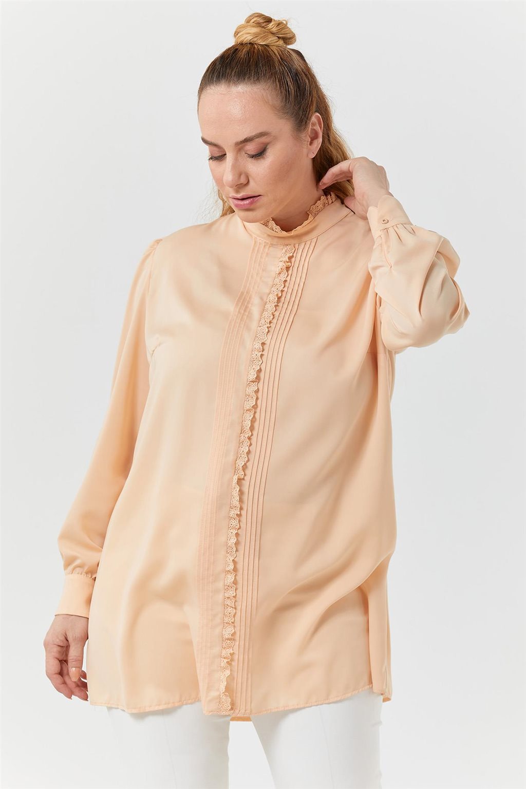 Ribbed Guipure Striped Blouse Salmon