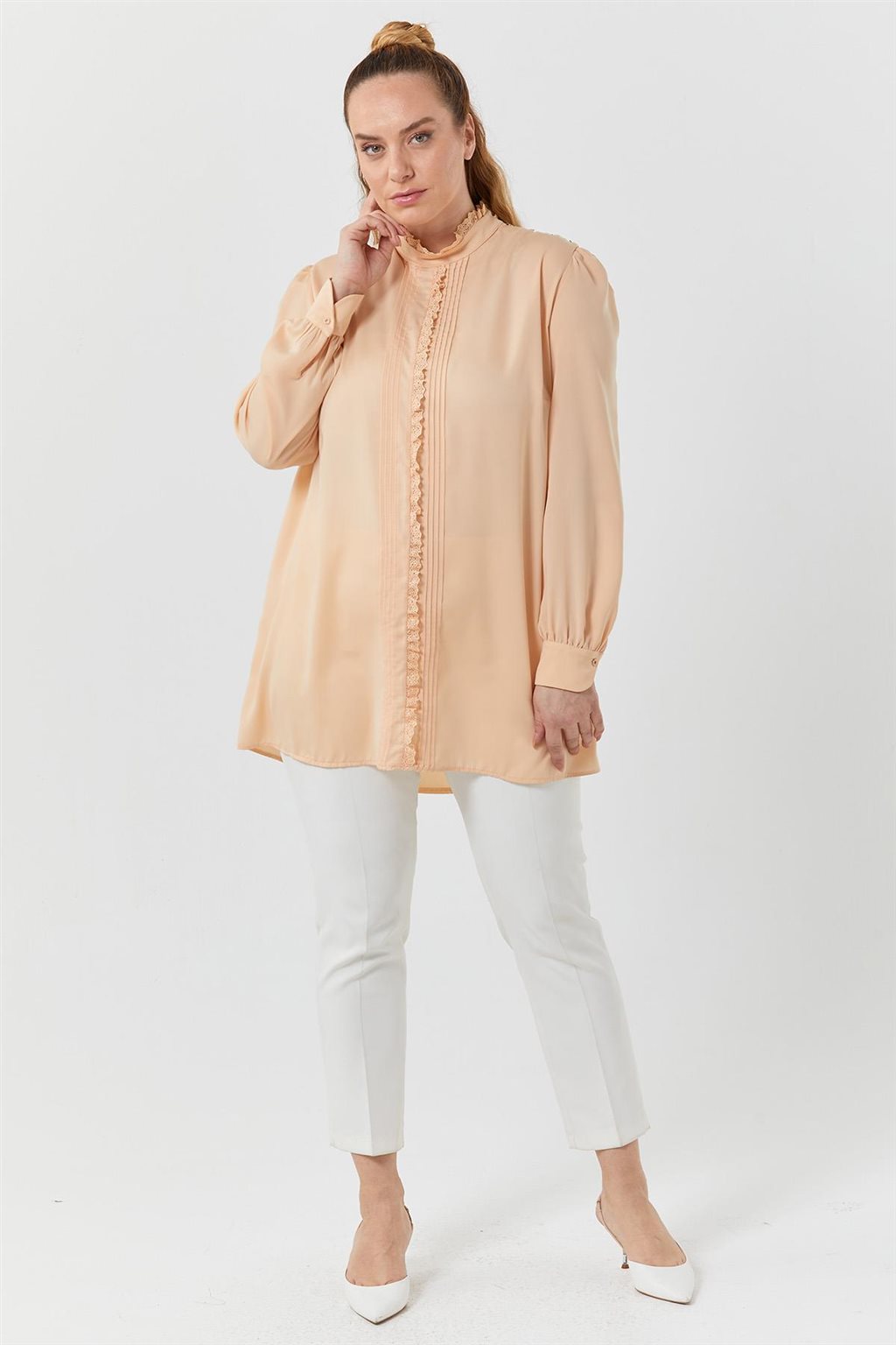 Ribbed Guipure Striped Blouse Salmon