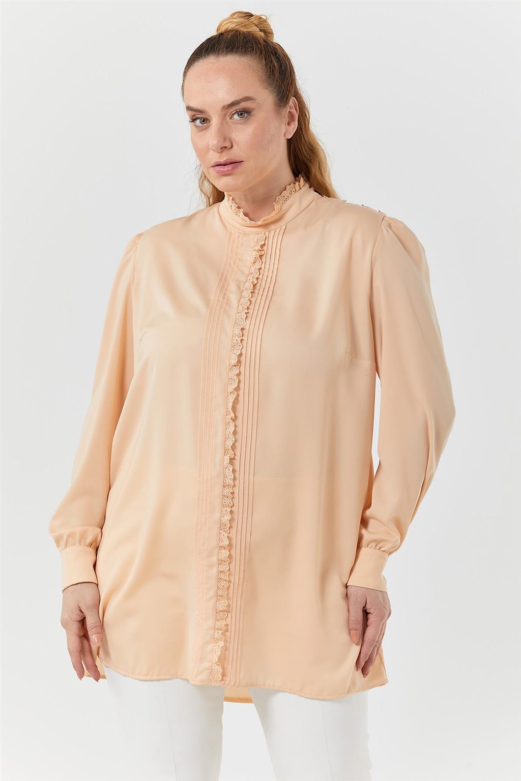 Ribbed Guipure Striped Blouse Salmon