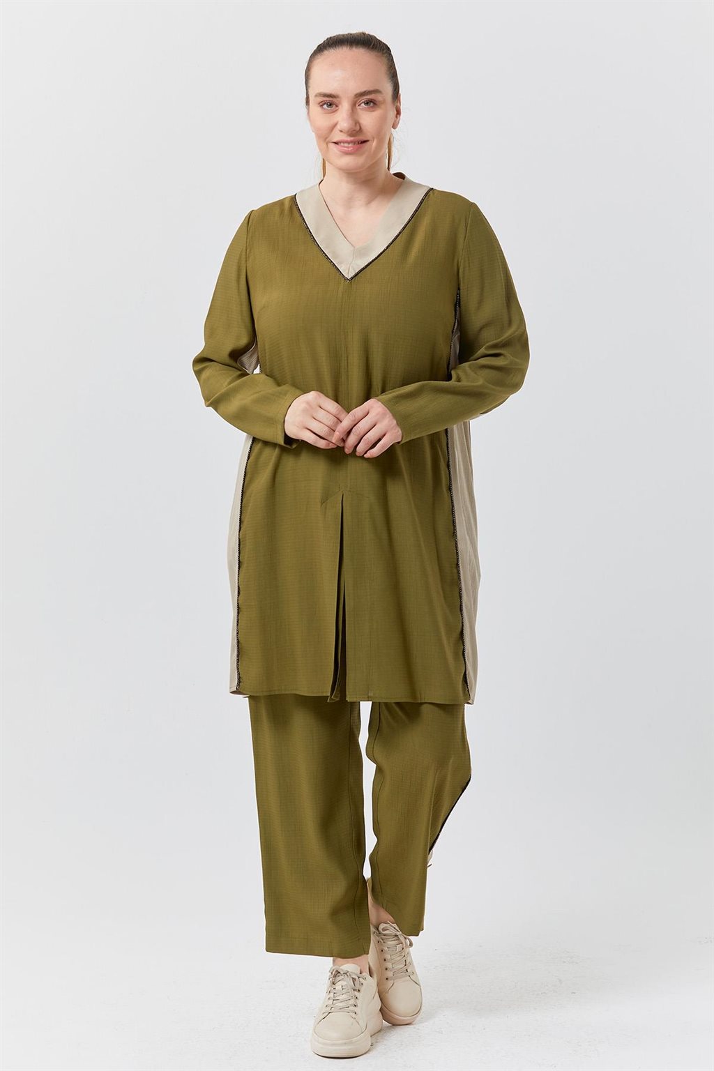 Piece Detailed Double Suit Khaki