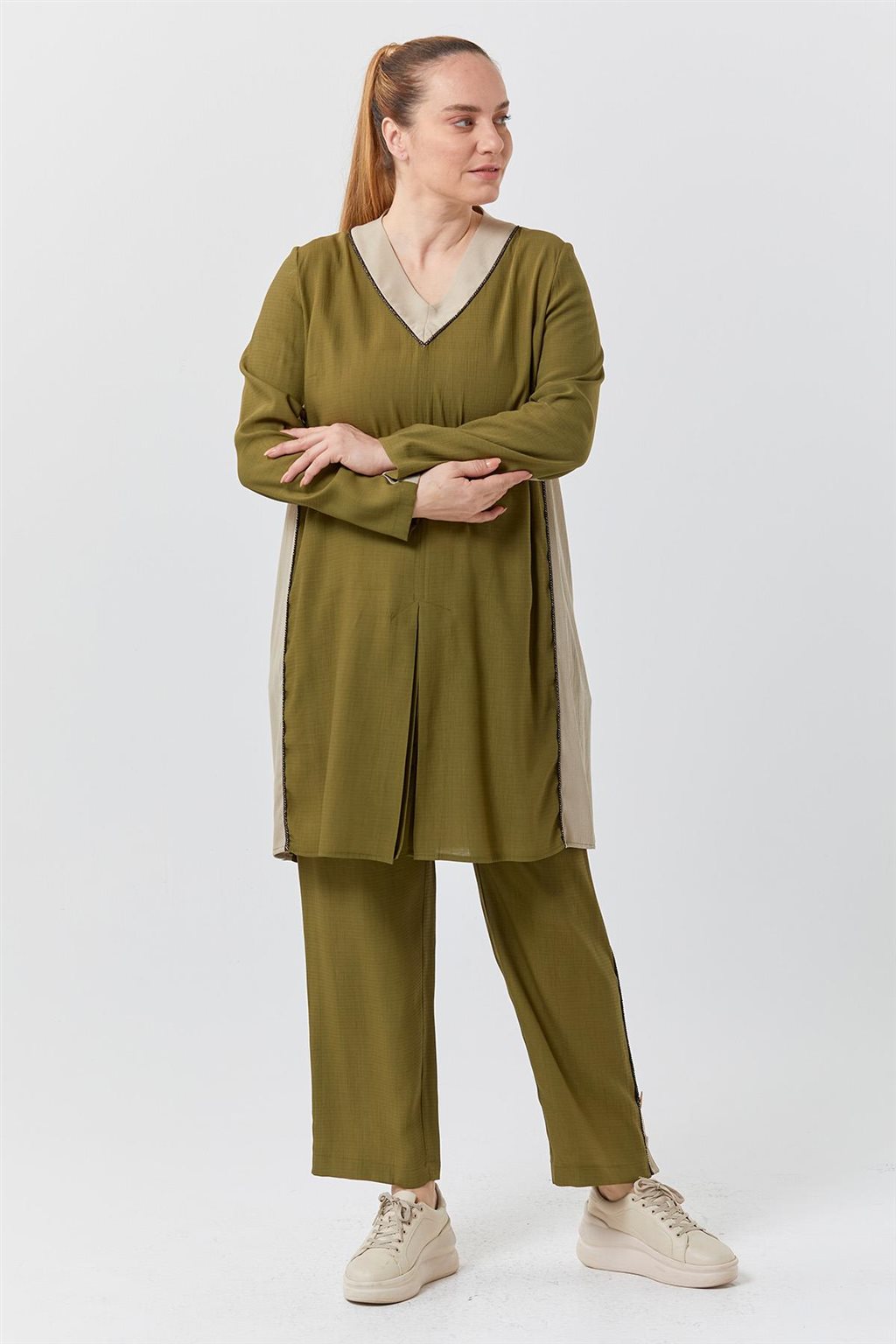 Piece Detailed Double Suit Khaki