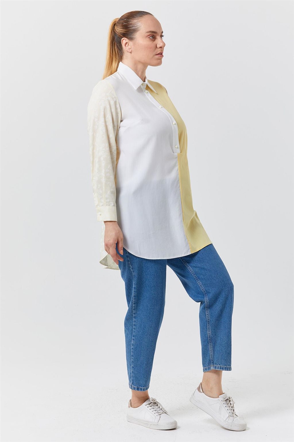Garnili Gömlek Yaka Tunik Sarı-Optik Beyaz 