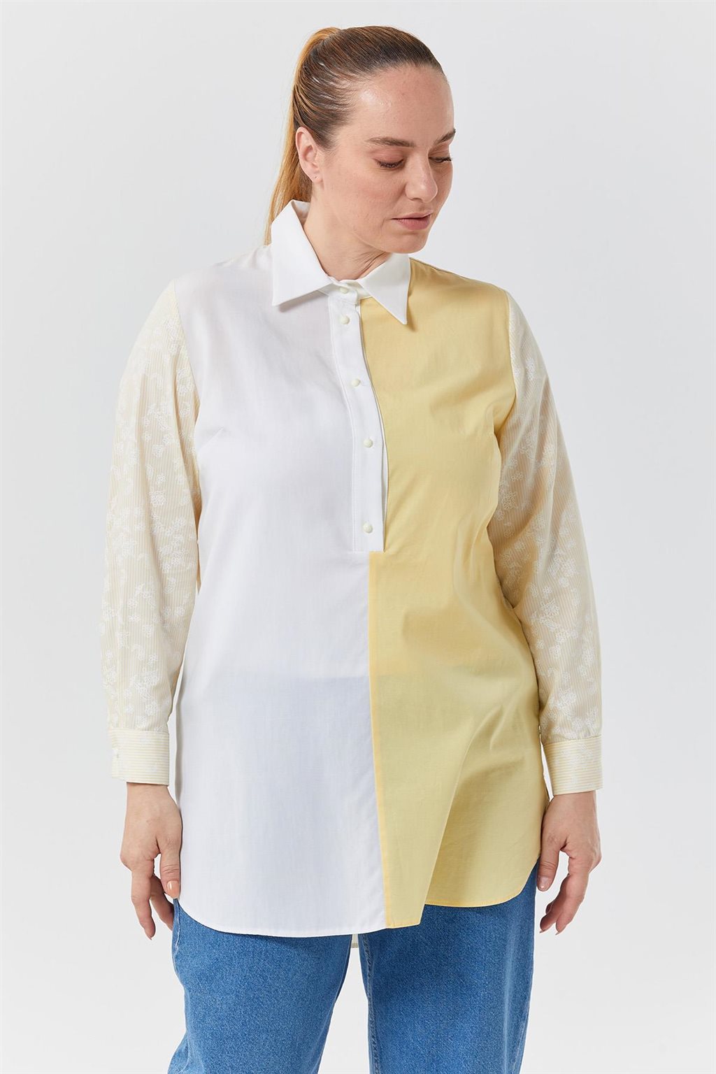 Garnili Gömlek Yaka Tunik Sarı-Optik Beyaz 