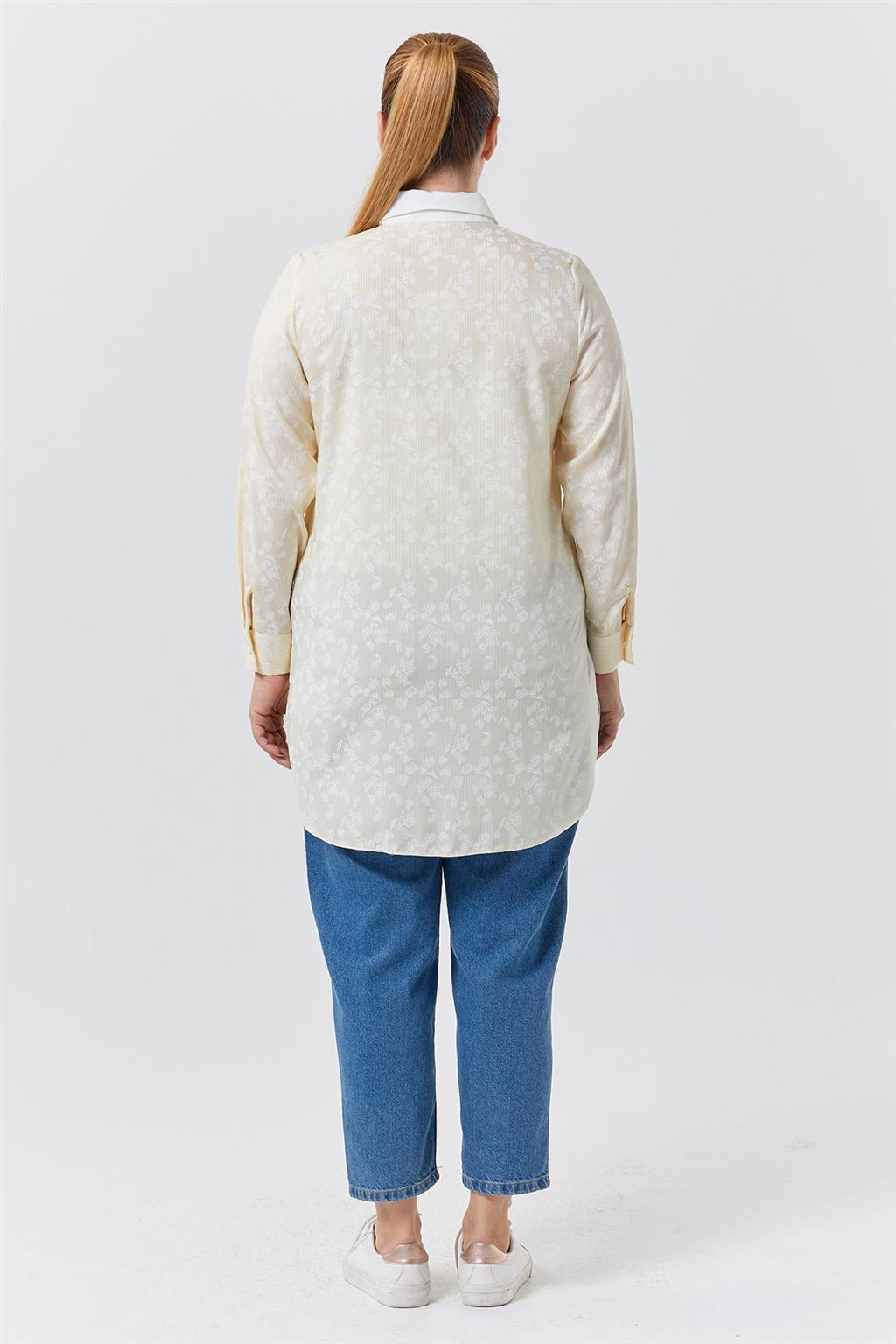 Garnili Gömlek Yaka Tunik Sarı-Optik Beyaz 