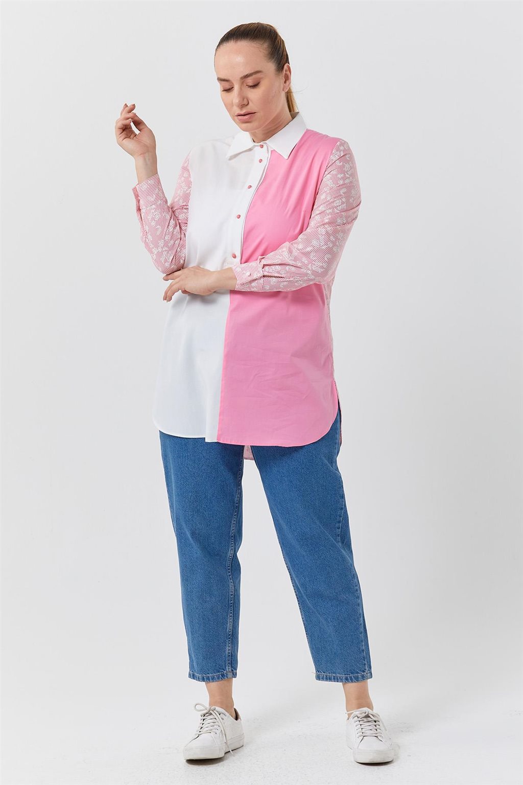 Garnili Gömlek Yaka Tunik Pembe-Optik Beyaz 