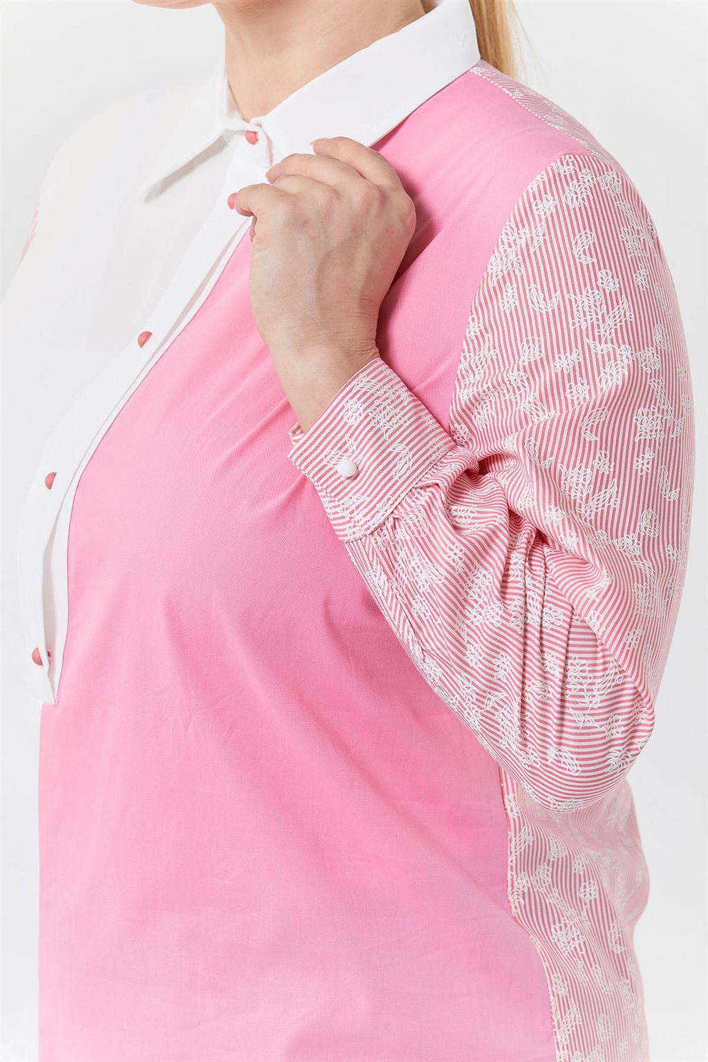 Garnili Gömlek Yaka Tunik Pembe-Optik Beyaz 