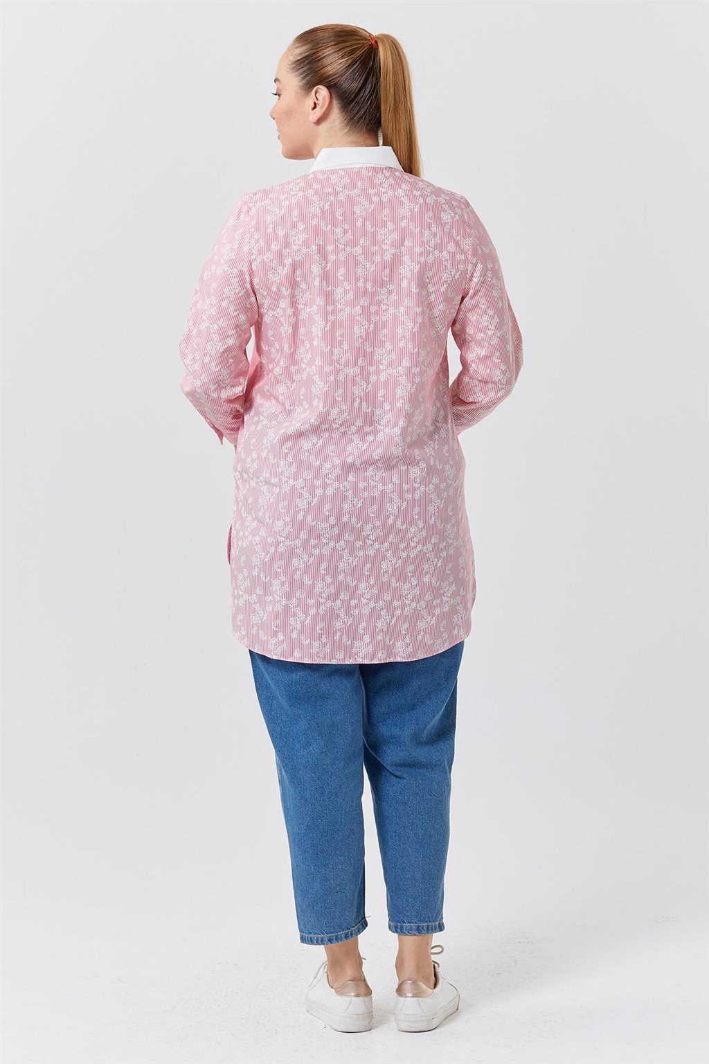 Garnili Gömlek Yaka Tunik Pembe-Optik Beyaz 