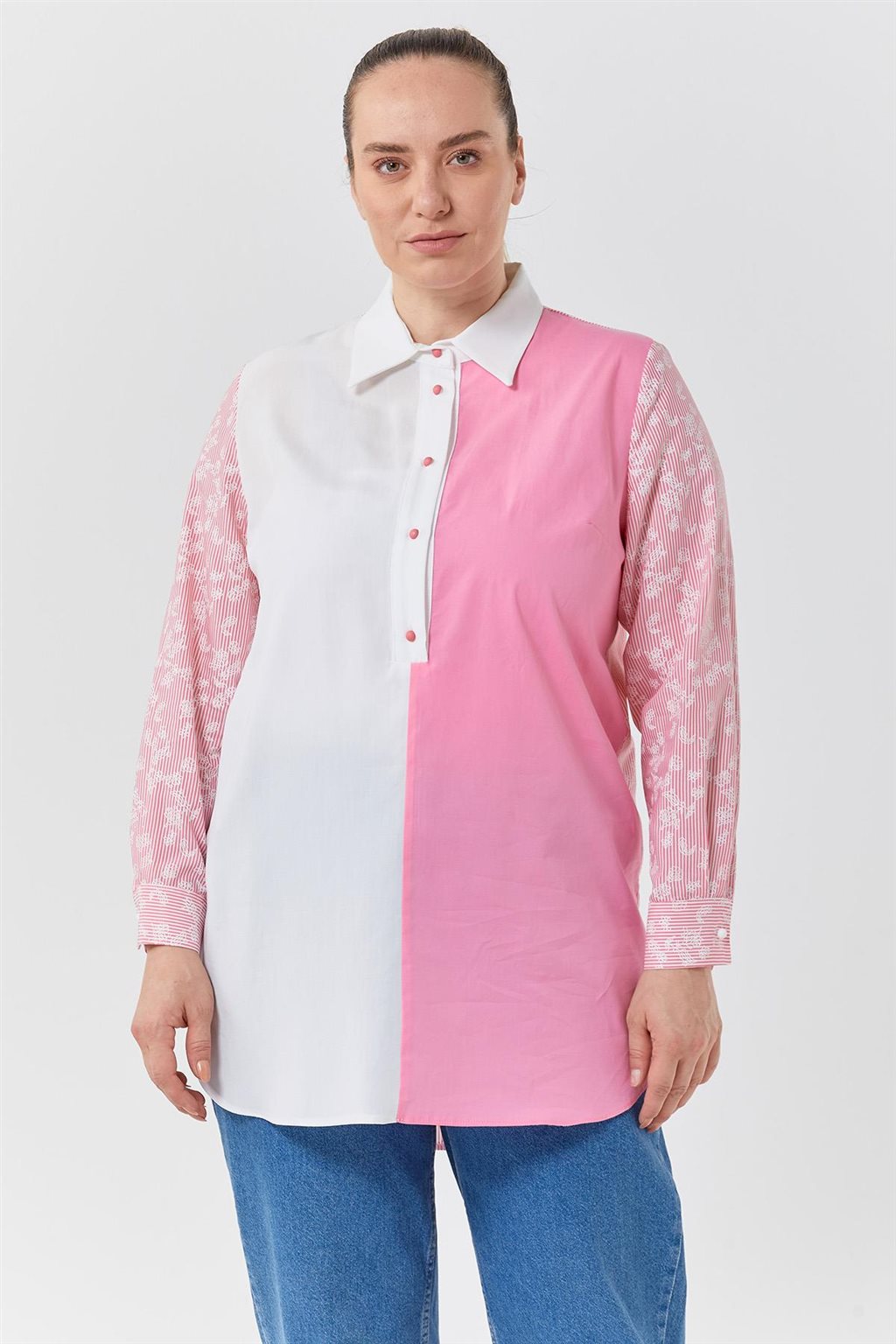 Garnili Gömlek Yaka Tunik Pembe-Optik Beyaz 