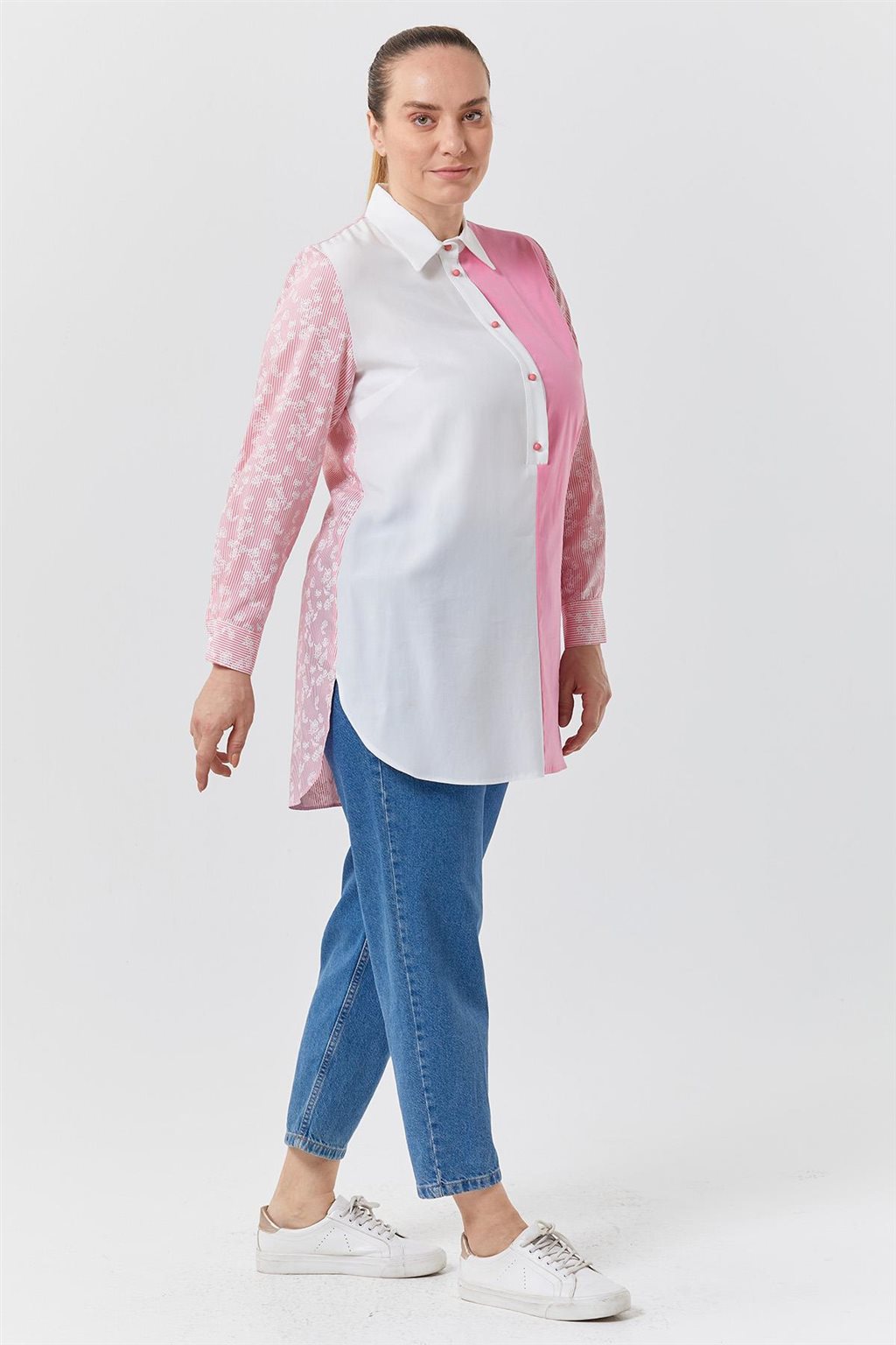 Garnili Gömlek Yaka Tunik Pembe-Optik Beyaz 
