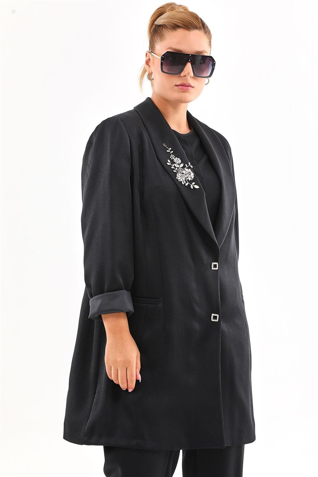 Stone-Embellished Two-Piece Set in Black