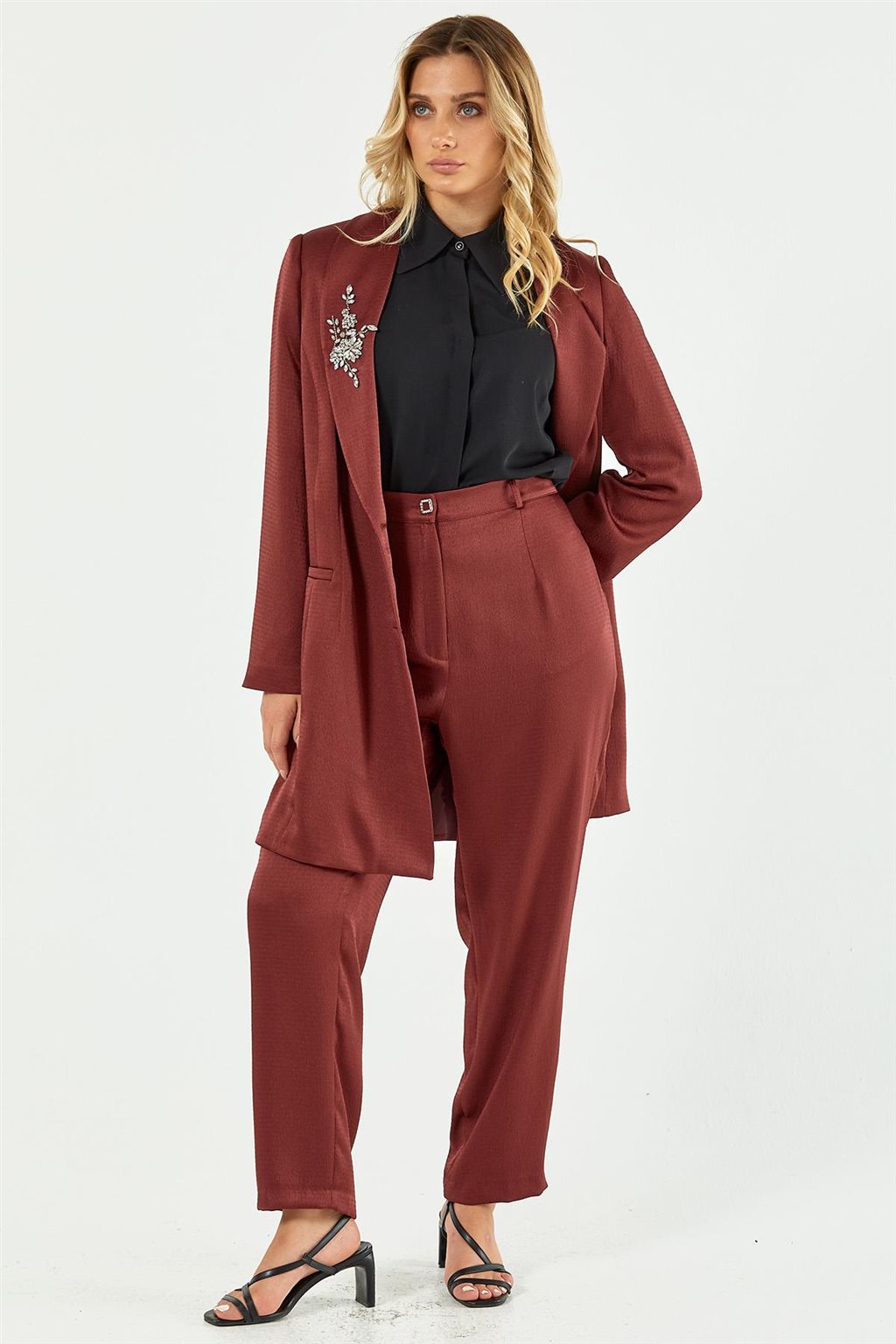Stone-Embellished Two-Piece Set in Bronze Brown