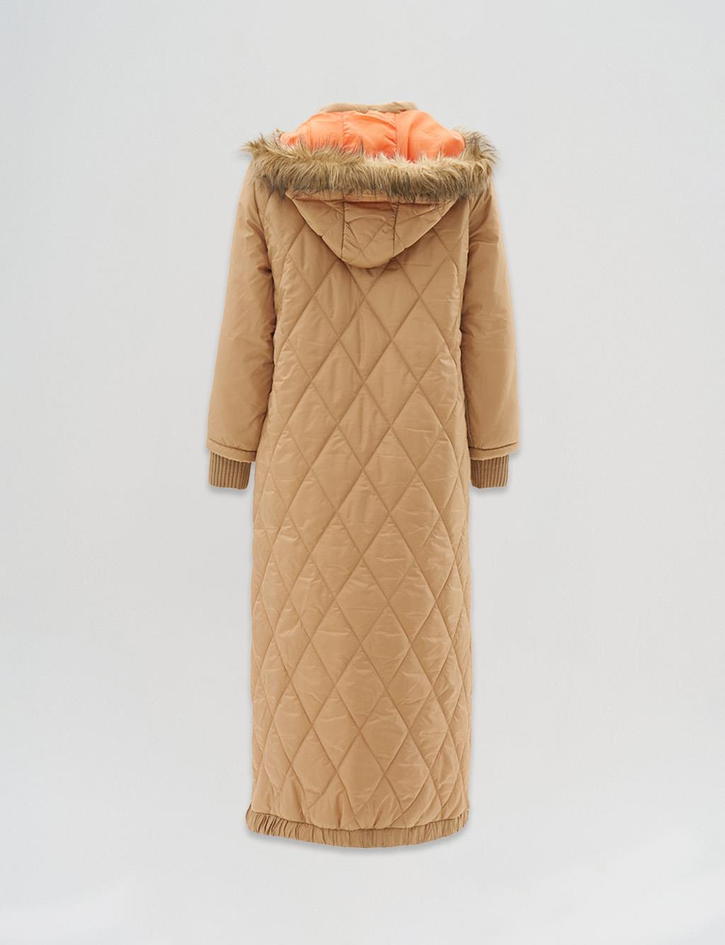 Diamond-Quilted Anorak Coat in Beige