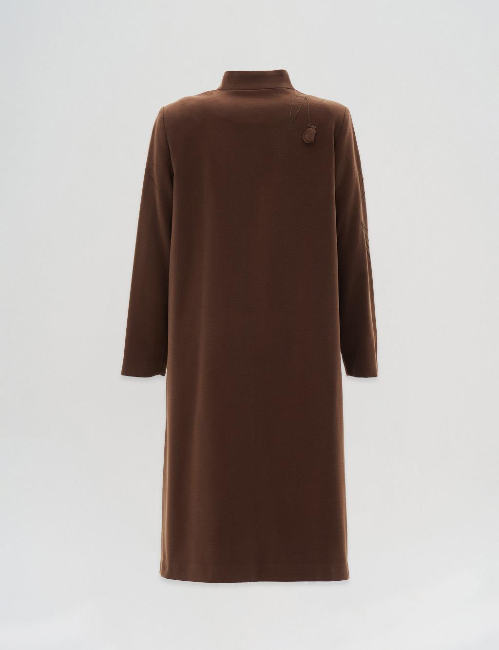 Embroidered Mandarin Collar Wool Coat in Dark Brown