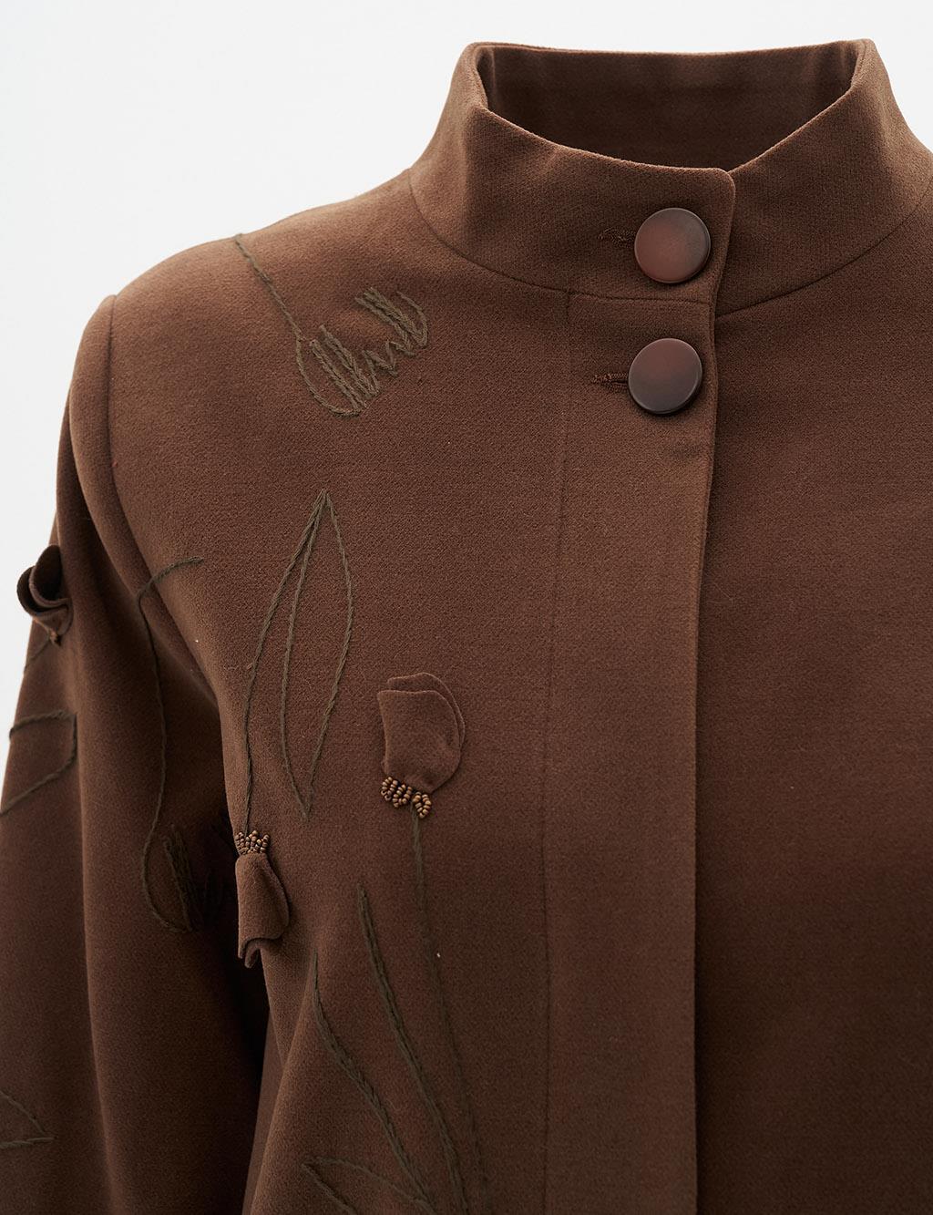 Embroidered Mandarin Collar Wool Coat in Dark Brown