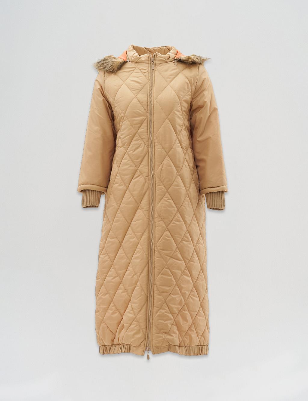 Diamond-Quilted Anorak Coat in Beige