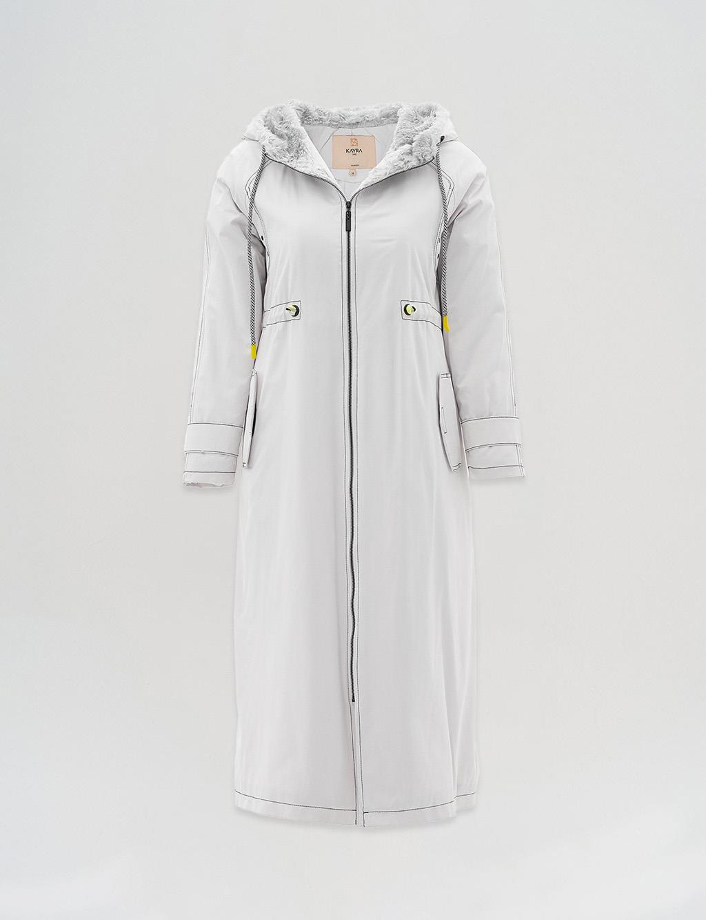 Adjustable Waist Hooded Anorak Coat Light Grey