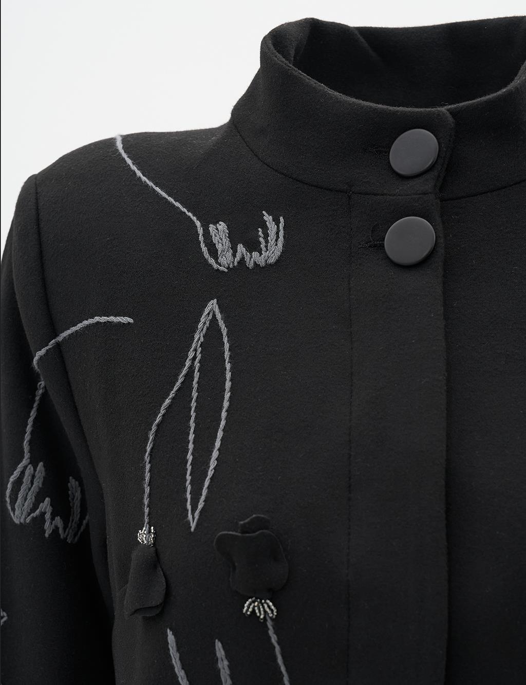 Embroidered Mandarin Collar Wool Coat in Black