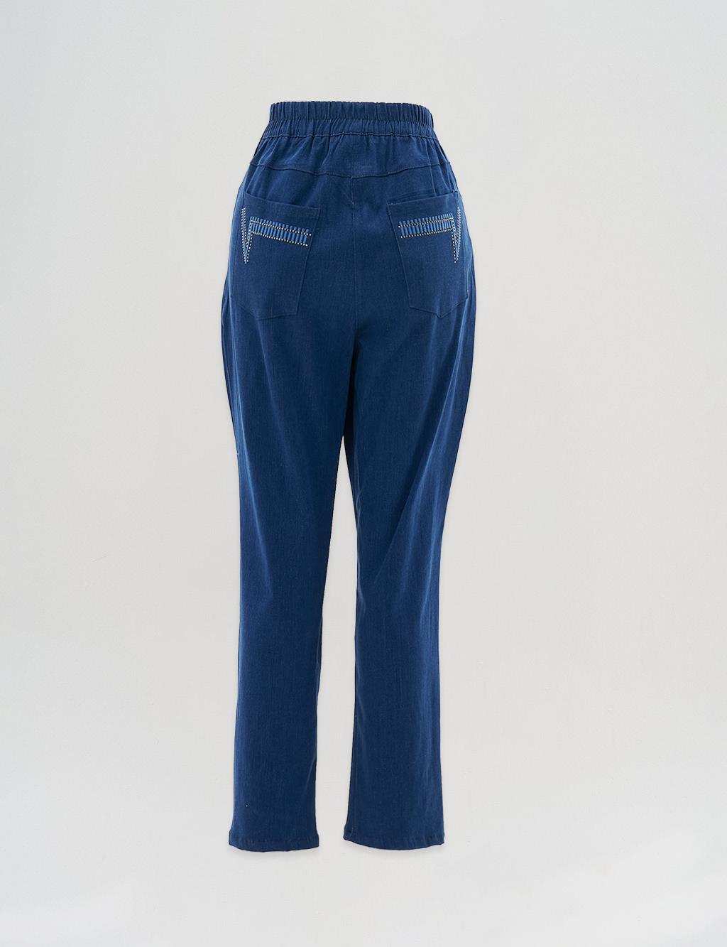 Beli Lastikli Taş İşlemeli Denim Pantolon Lacivert