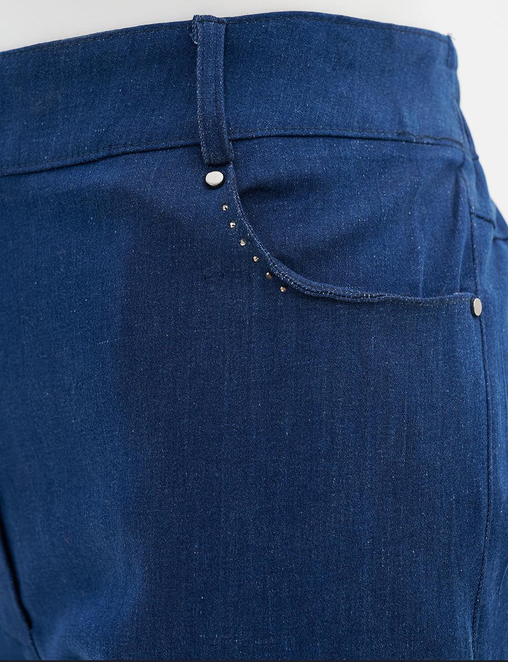 Beli Lastikli Taş İşlemeli Denim Pantolon Lacivert
