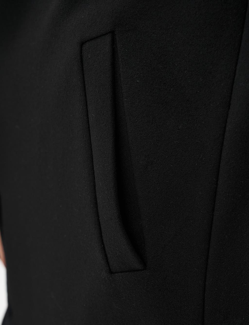 Embroidered Mandarin Collar Wool Coat in Black