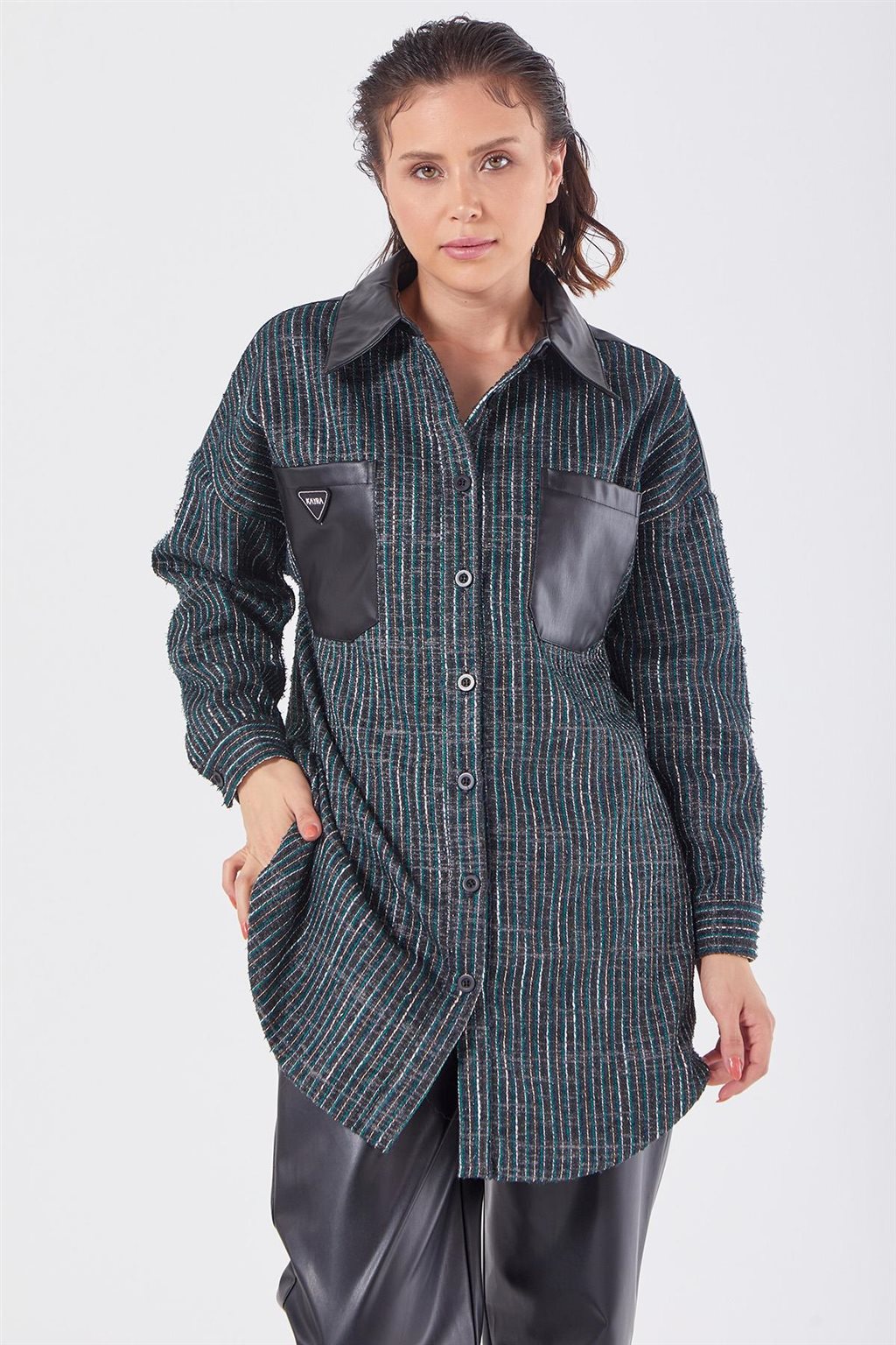 Suni Deri Detaylı Ceket Yeşil