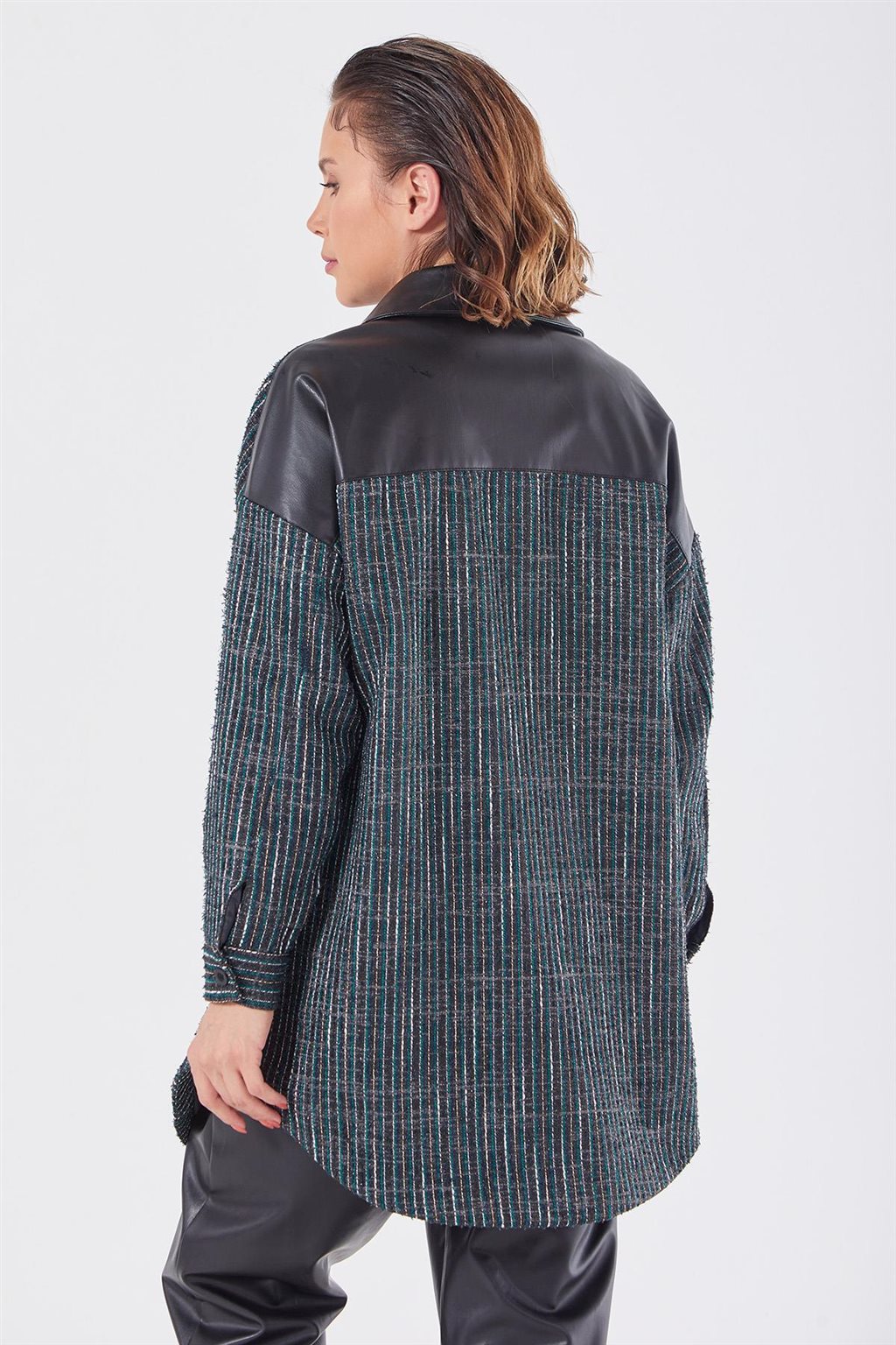 Suni Deri Detaylı Ceket Yeşil