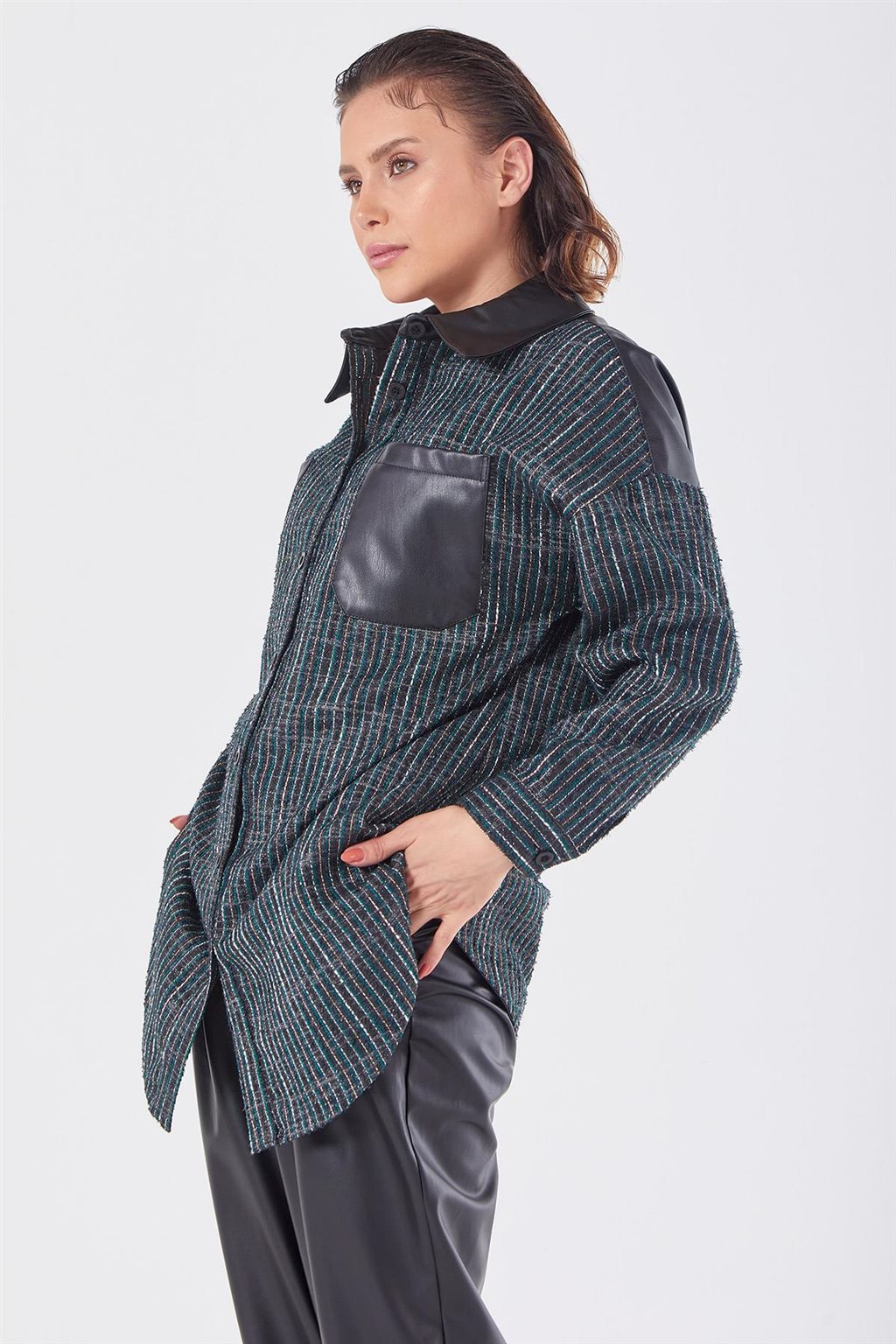 Suni Deri Detaylı Ceket Yeşil