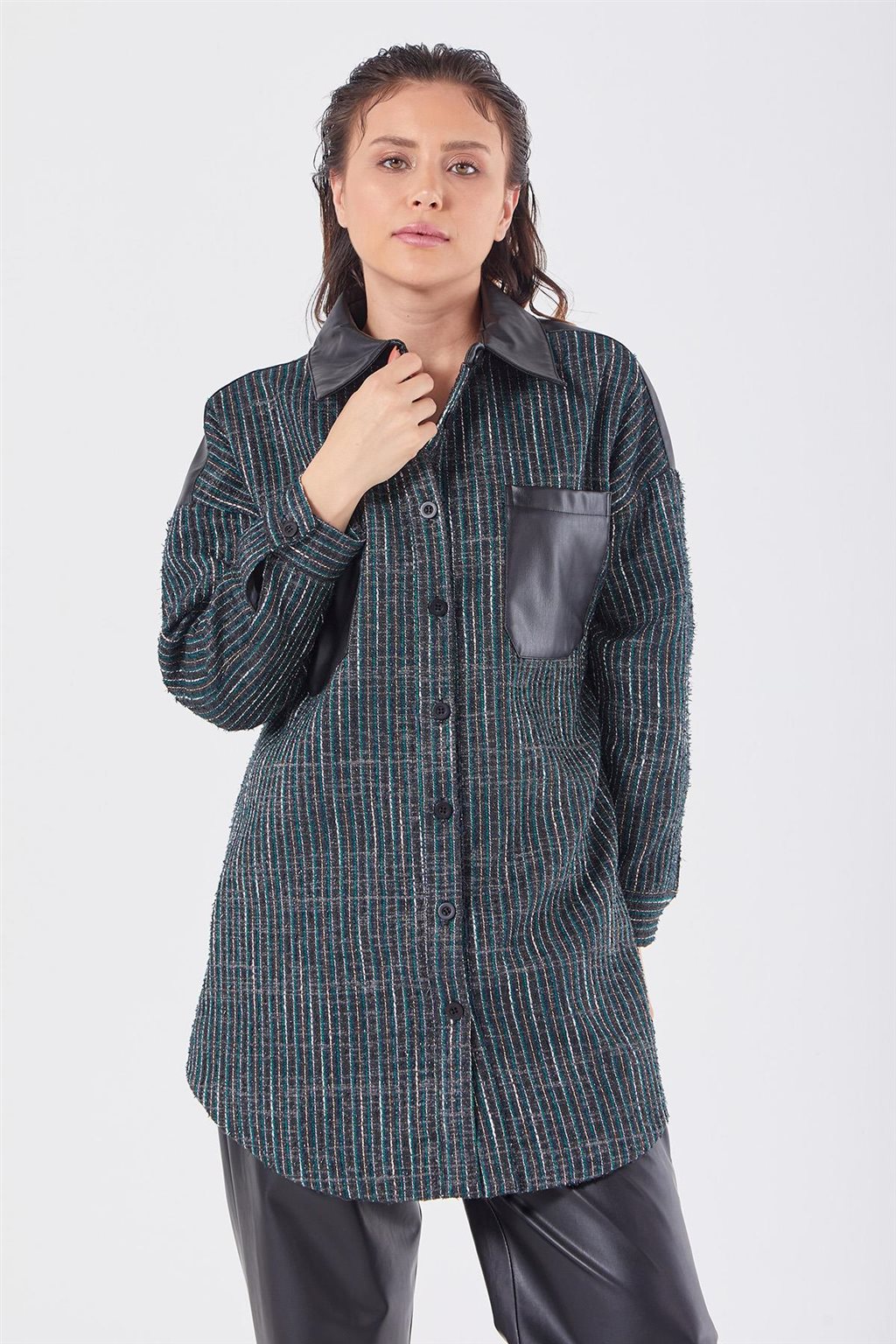 Suni Deri Detaylı Ceket Yeşil