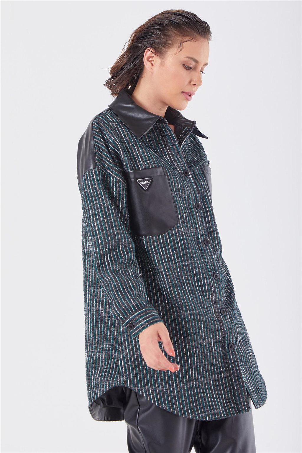 Suni Deri Detaylı Ceket Yeşil