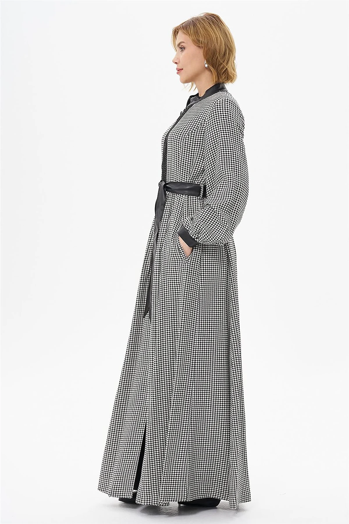 Lace Detailed Houndstooth Patterned Coat Black-Optic White