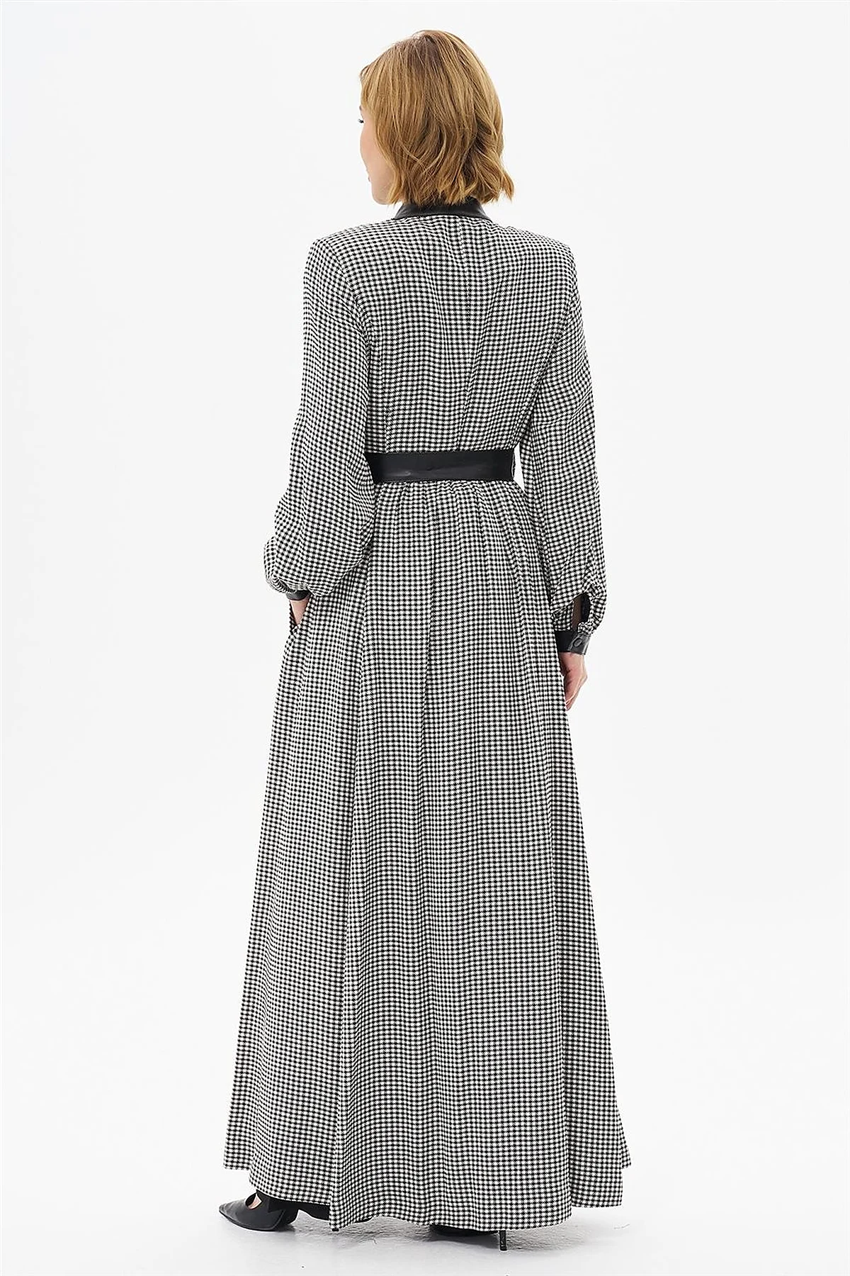 Lace Detailed Houndstooth Patterned Coat Black-Optic White