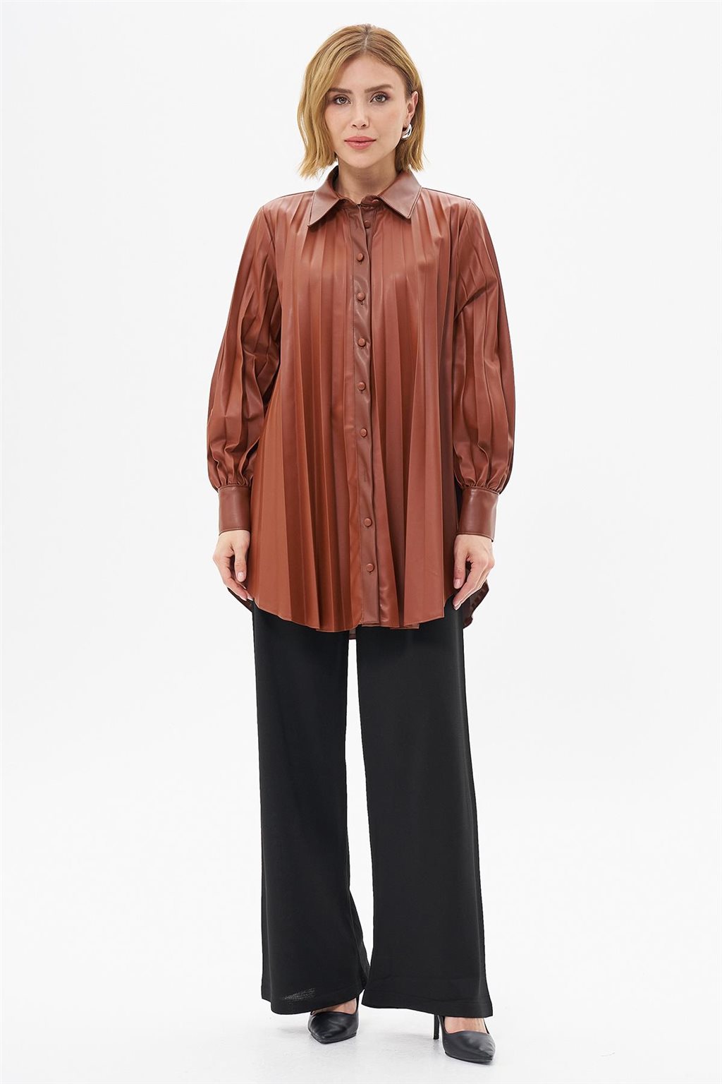 Faux Leather Pleated Tunic Coffee