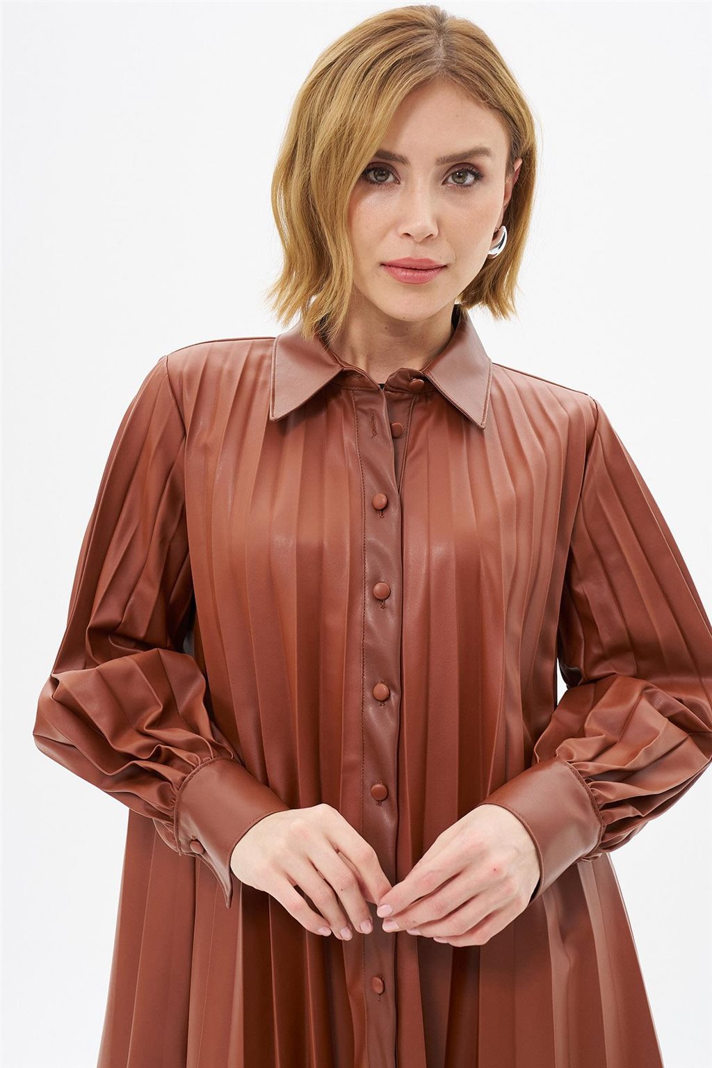 Faux Leather Pleated Tunic Coffee