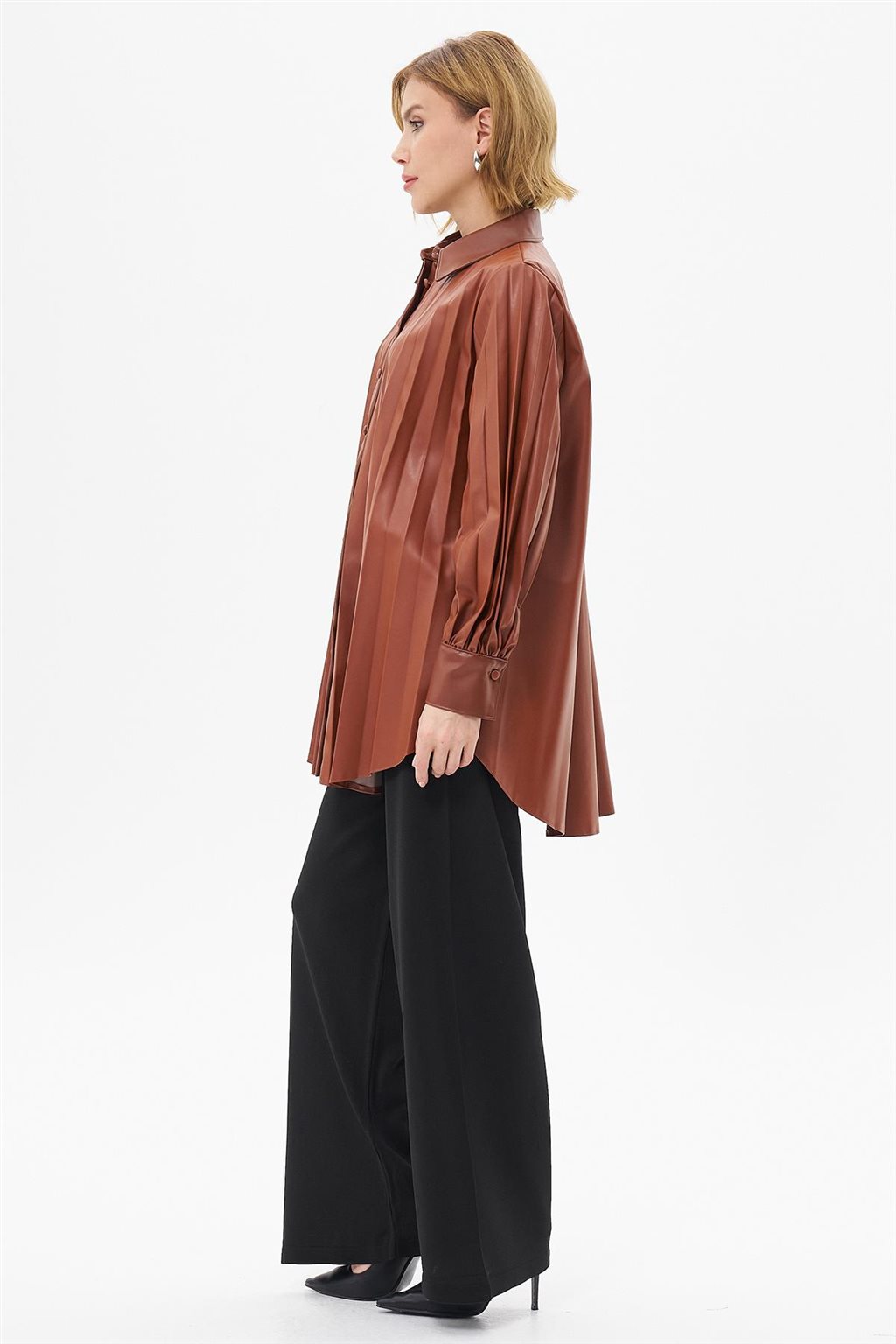 Faux Leather Pleated Tunic Coffee