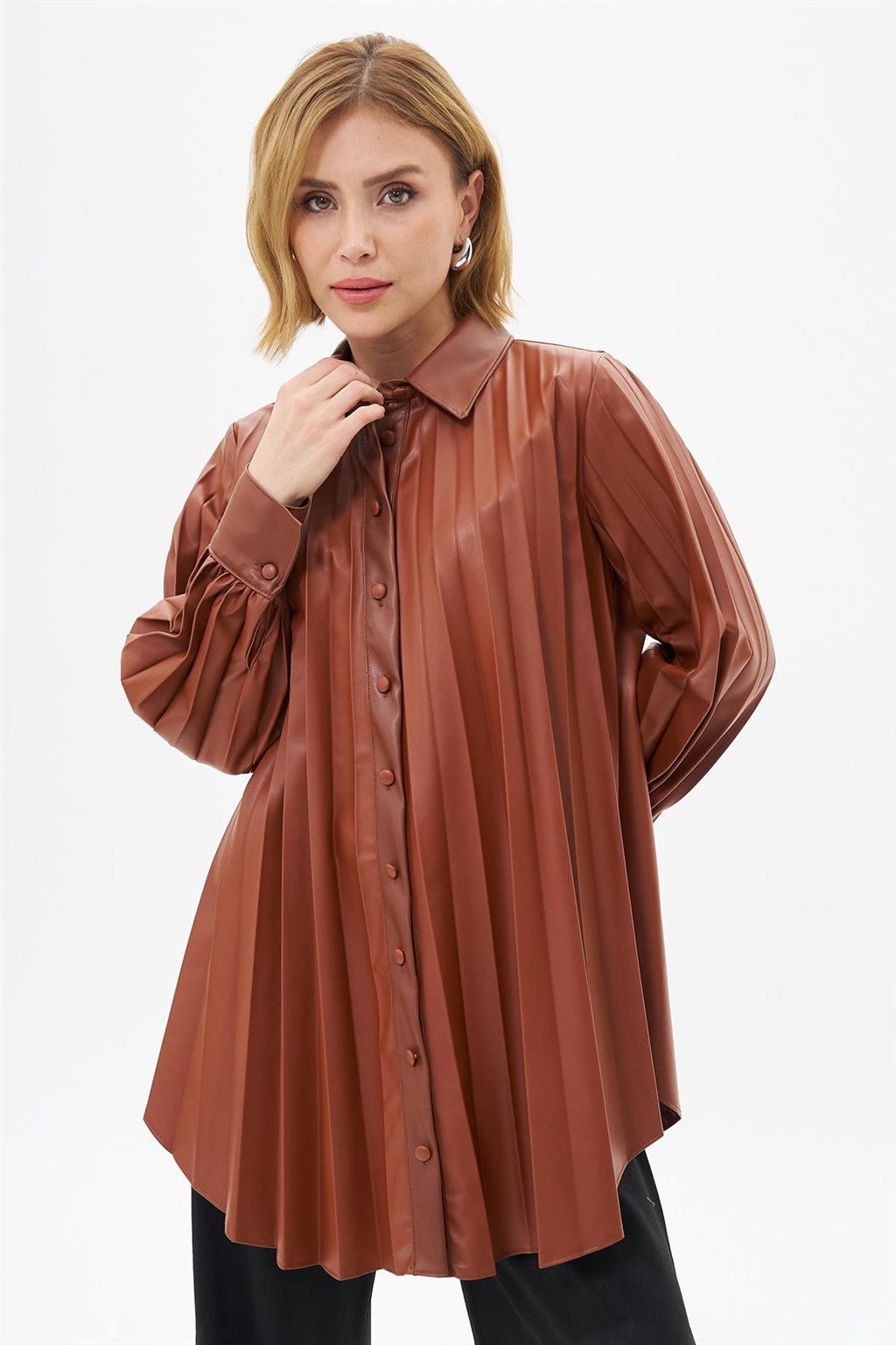 Faux Leather Pleated Tunic Coffee