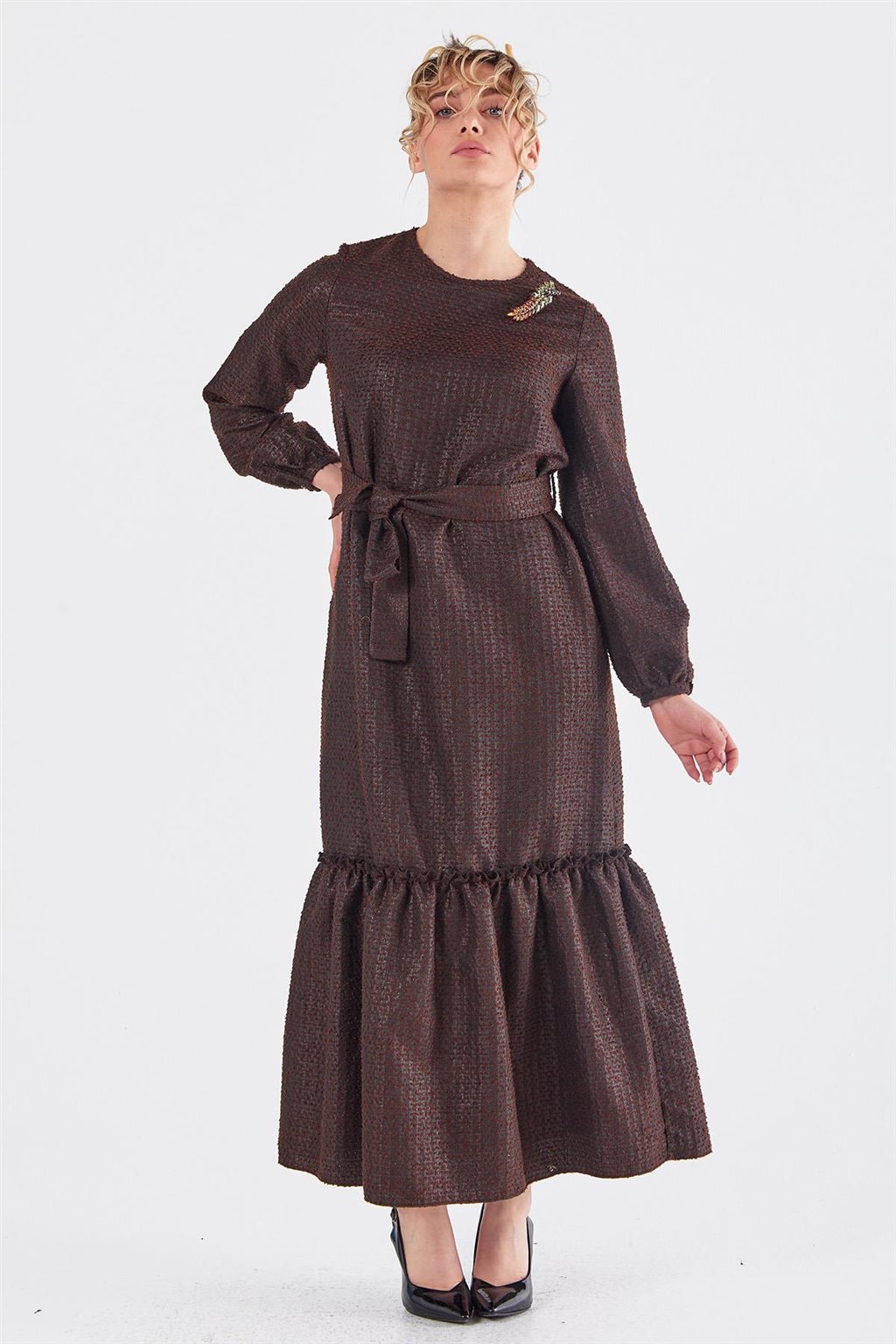 Kuşaklı Tüvit Elbise Koyu Kahve 
