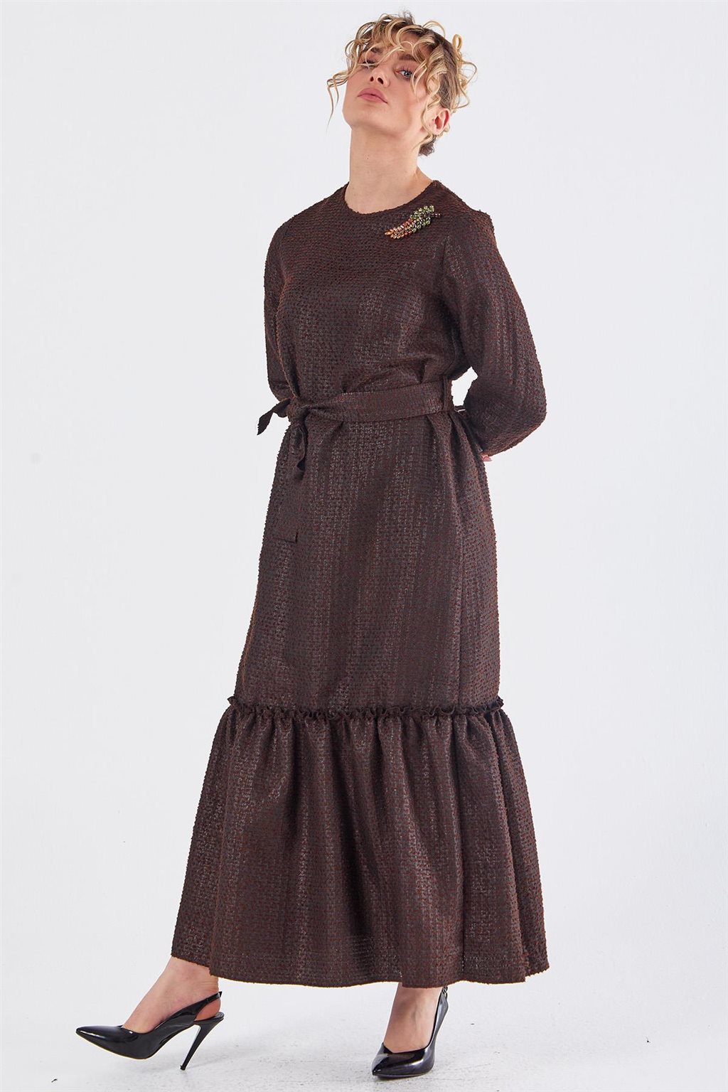 Kuşaklı Tüvit Elbise Koyu Kahve 