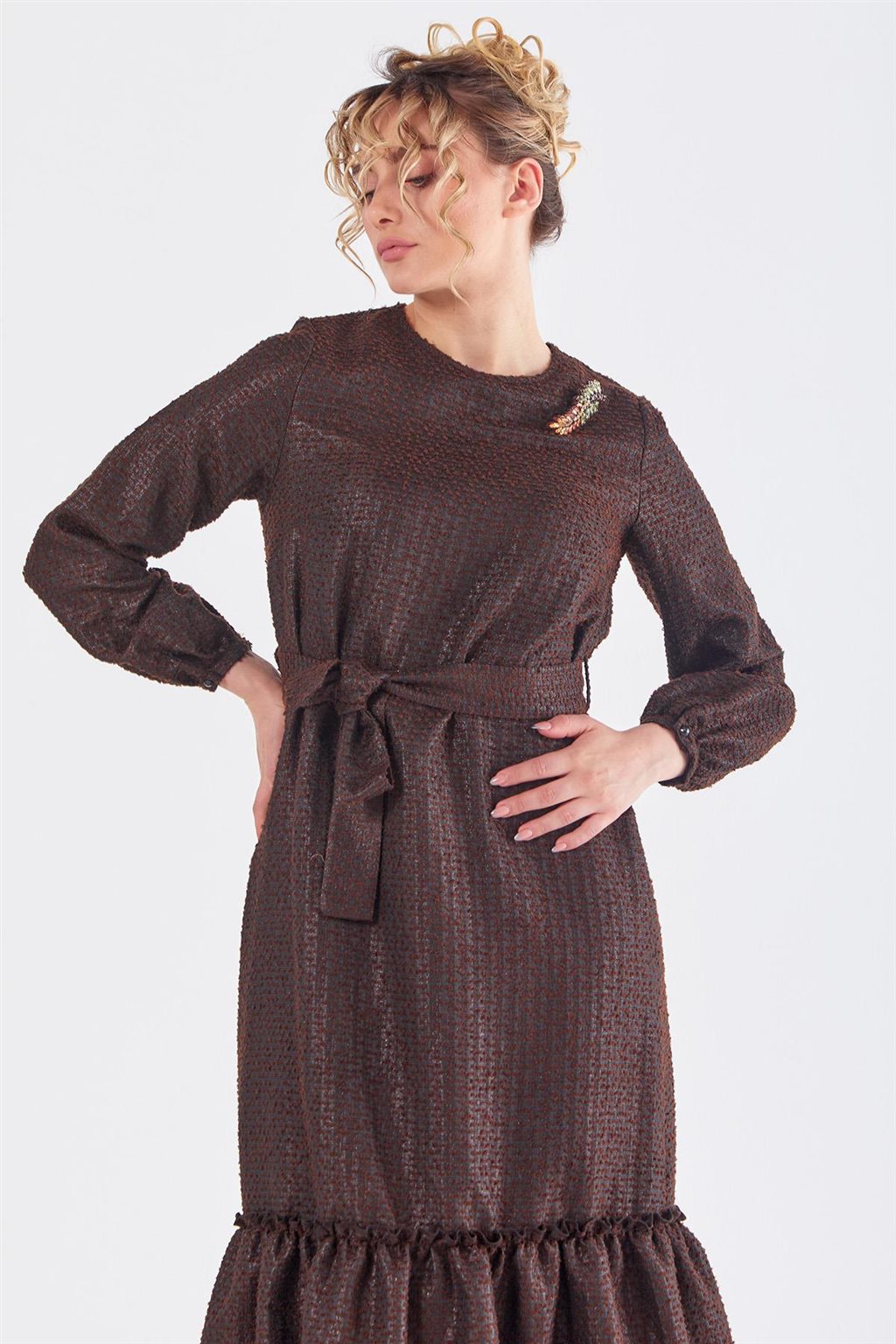 Kuşaklı Tüvit Elbise Koyu Kahve 