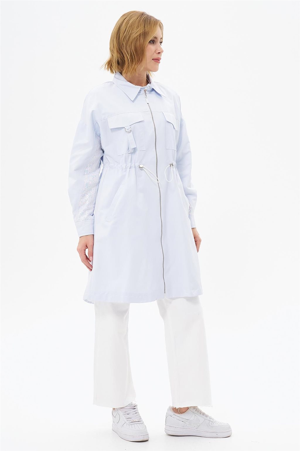 Short Sequined Trench Coat Blue