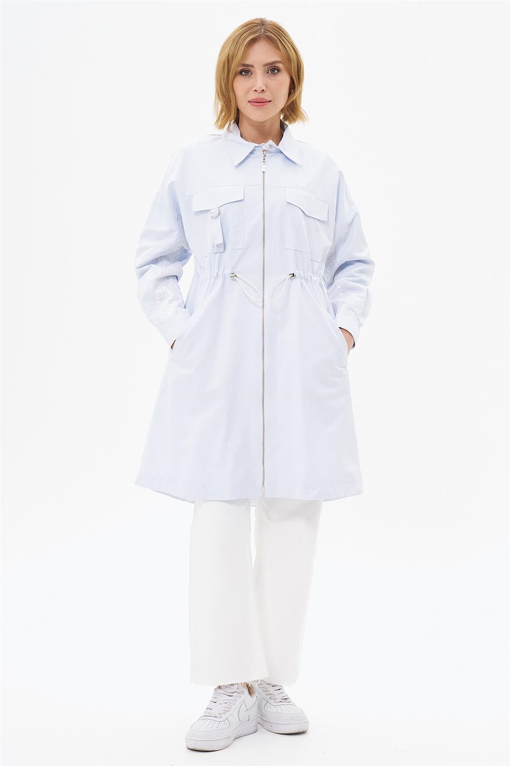 Short Sequined Trench Coat Blue