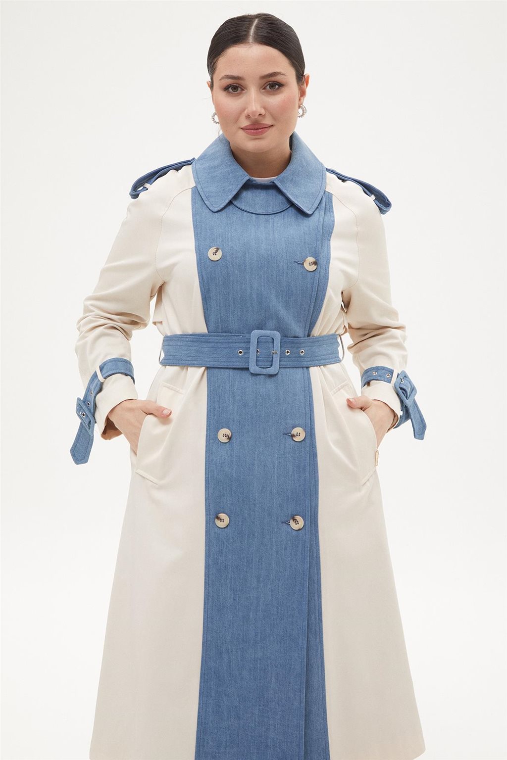 Denim Garnished Double Breasted Buttoned Coat Light Cream