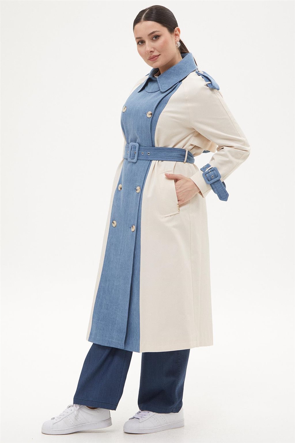 Denim Garnished Double Breasted Buttoned Coat Light Cream